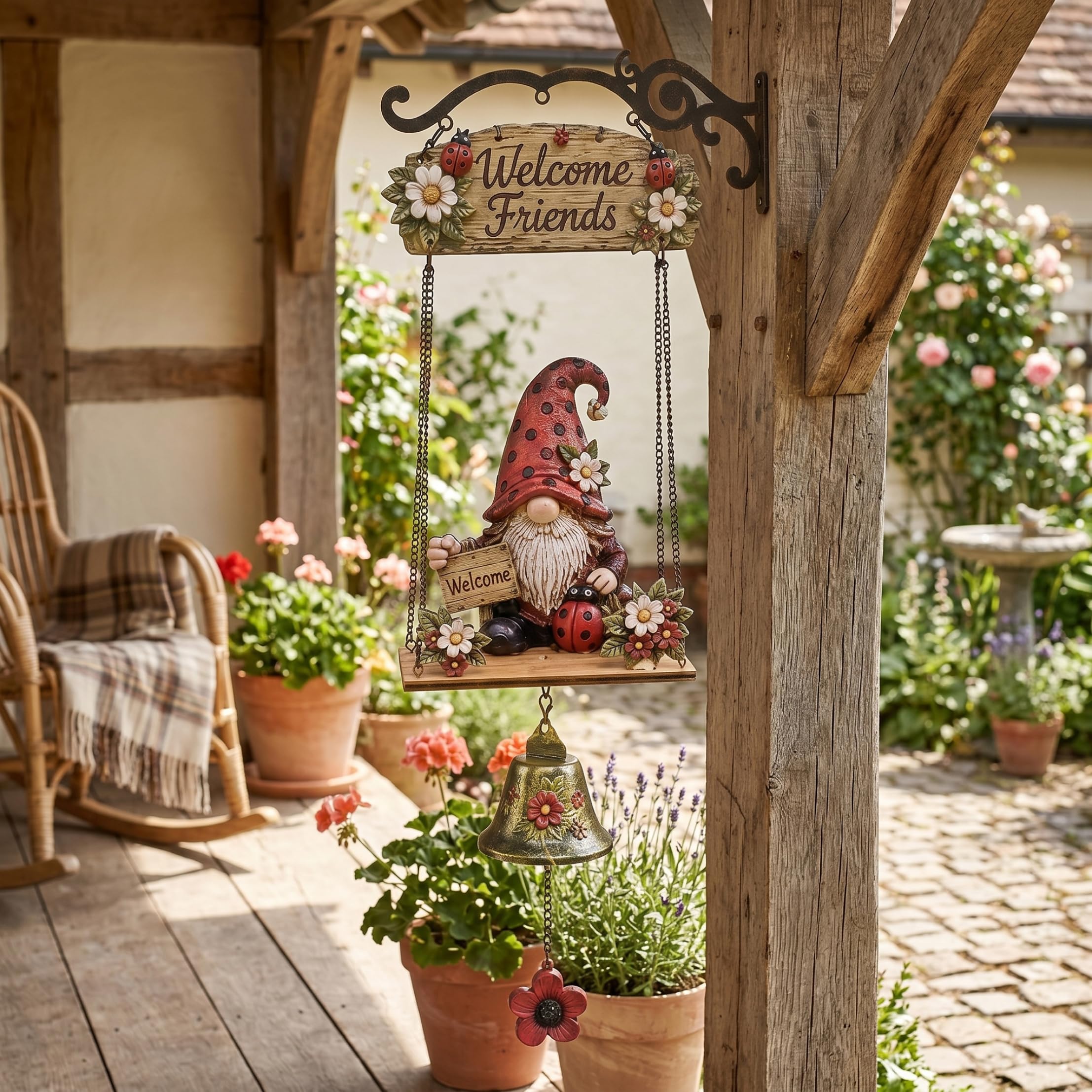 Garden Bells, Decorative Gnome Welcome Bell - Hanging Rustic Garden Gnome Doorbell For Front Porch, Fence & Patio, Red, Utilisation d'été