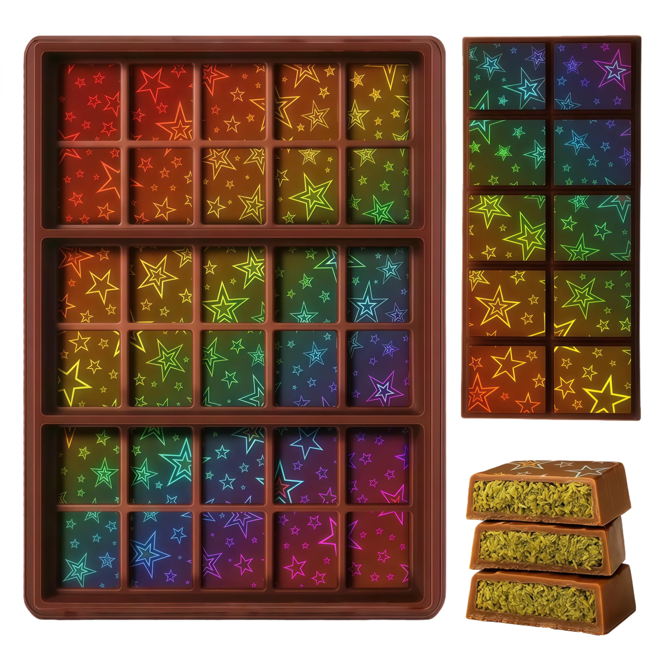 Holographic Chocolate Molds Resin Silicone Chocolate Bar Deep Thick Molds for Christmas Family DIY Baking Wax Melts Party Supplies(Star 2)