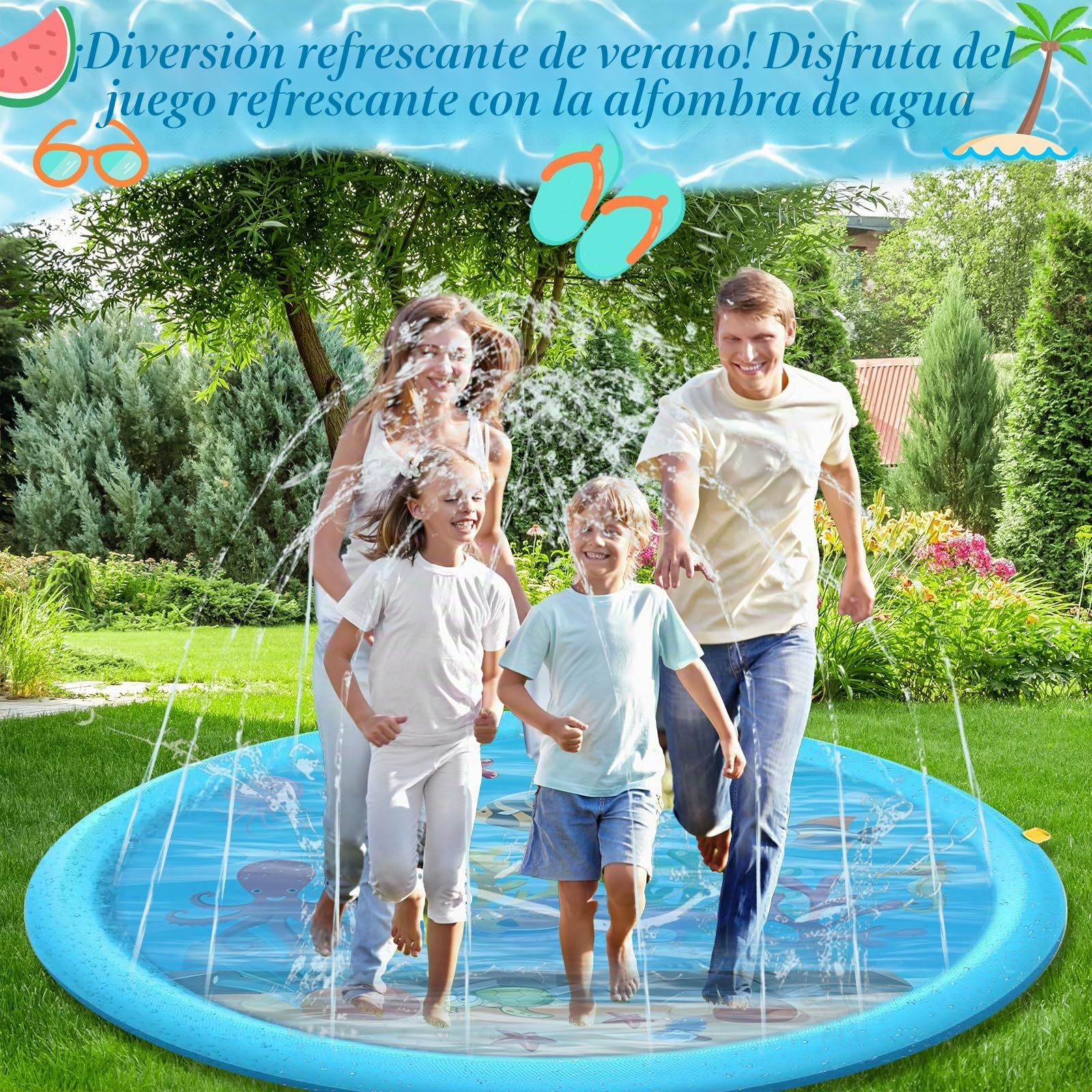 170 cm Splash Pad, Juegos de Agua con Rociadora para Niños y Perros, Antideslizante Alfombra Aspersora para Jardín Playa, Juguete de Verano para Exterior, Niños y Mascotas