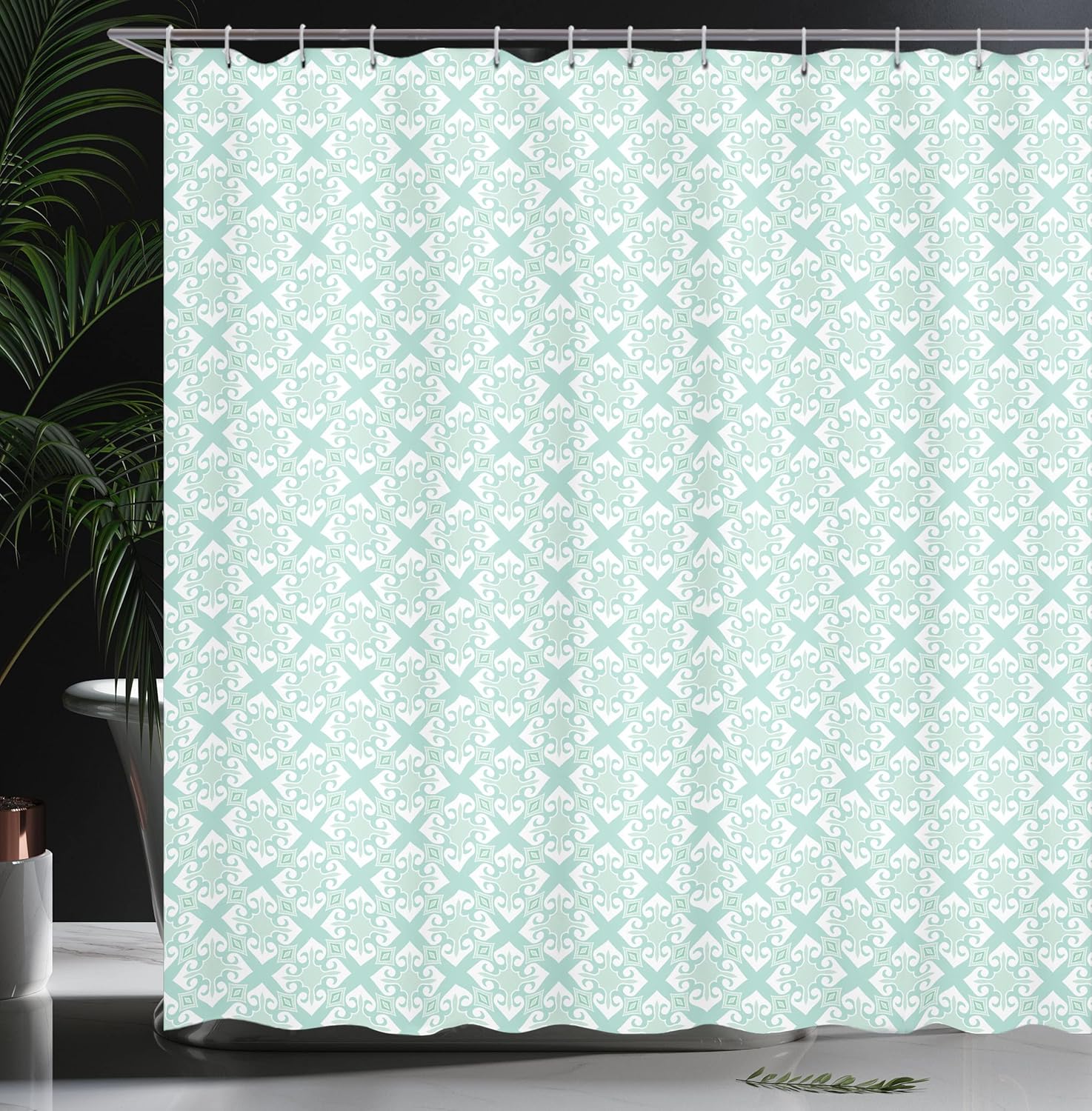 Ambesonne Teal and White Shower Curtain, Old Fashioned Abstract Mosaic Design Elements with Floral Details, Cloth Fabric Bathroom Decor Set with Hooks, 69" W x 75" L, Mint White