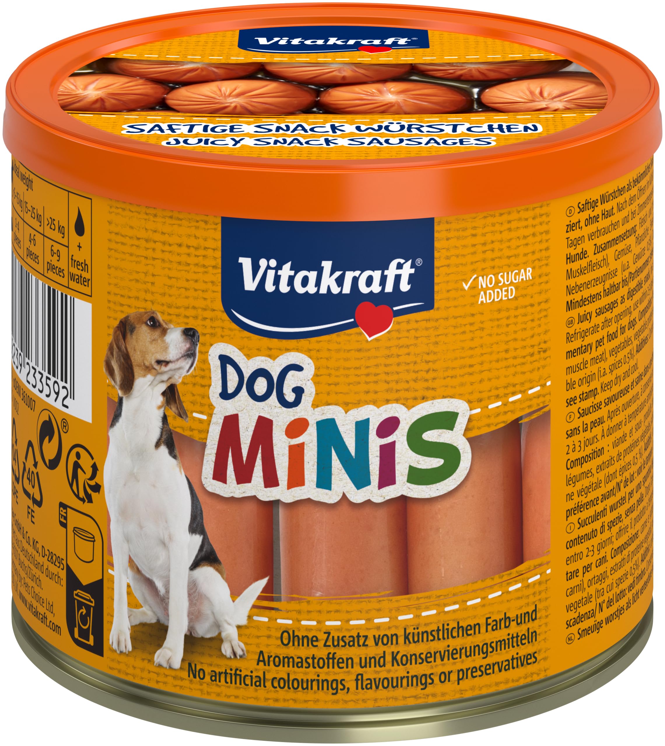 Vitakraft Dog Minis, Hundeleckerli, Mini Würstchen aus Geflügel und Schwein, in Dose mit Deckel, Hunde Trainingsleckerli, gewürzreduziert, ohne Zusatz von Zucker (1x 120g)