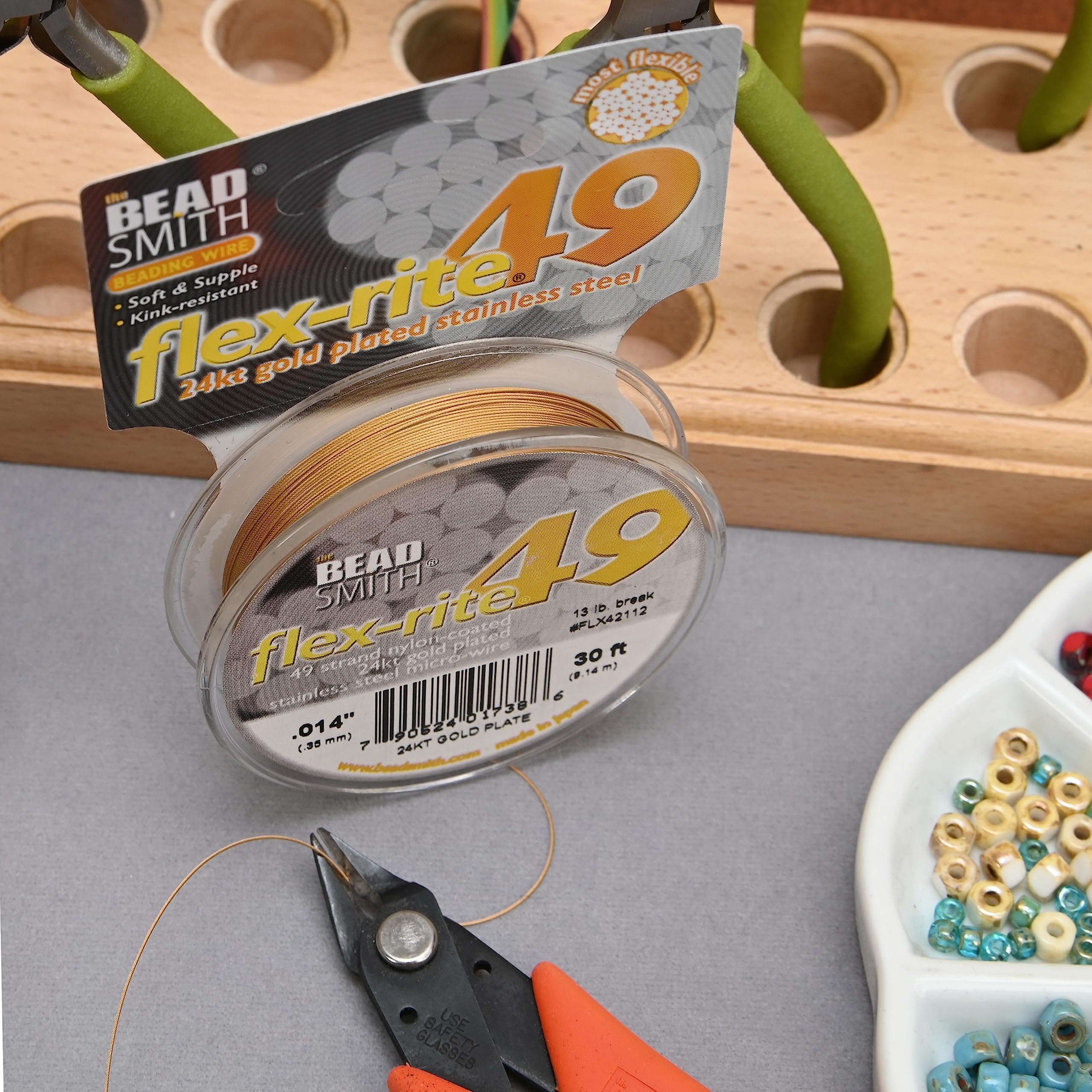 The Beadsmith Flex-Rite 49 Strand Nylon Coated, Stainless-Steel Beading Wire, Jewelry Making Supply (.014 Dia, Gold - 30 Ft)