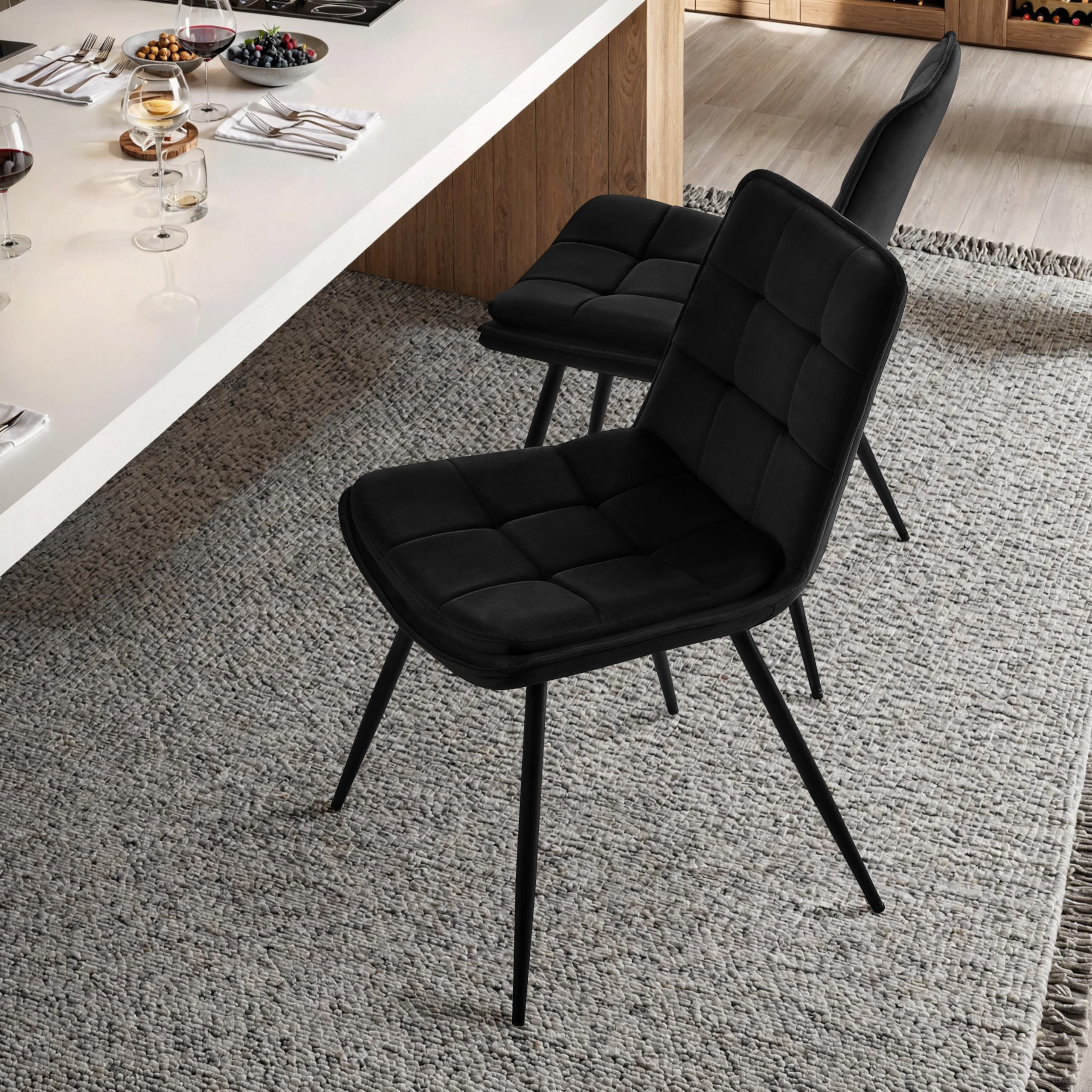STOOLINK Set di 4 Sedie Sala da Pranzo, Sedie da Sala da Pranzo Moderna, Sedie da Pranzo Imbottita in Velluto, Sedia da Cucina di Design a Scacchiera Senza Braccioli per Cucina, Soggiorno - Nero