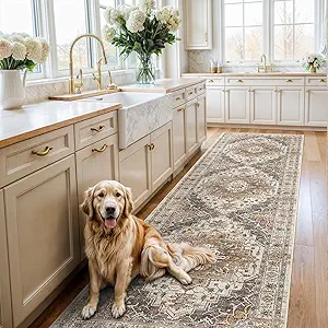 Madane Hallway Rug 3x10, Kitchen Rugs Washable Entryway Rug Vintage Kitchen Runners Non Slip Indoor Area Rug Farmhouse Carpet Runner for Bathroom Living Room Bedroom, Turmeric/Grey