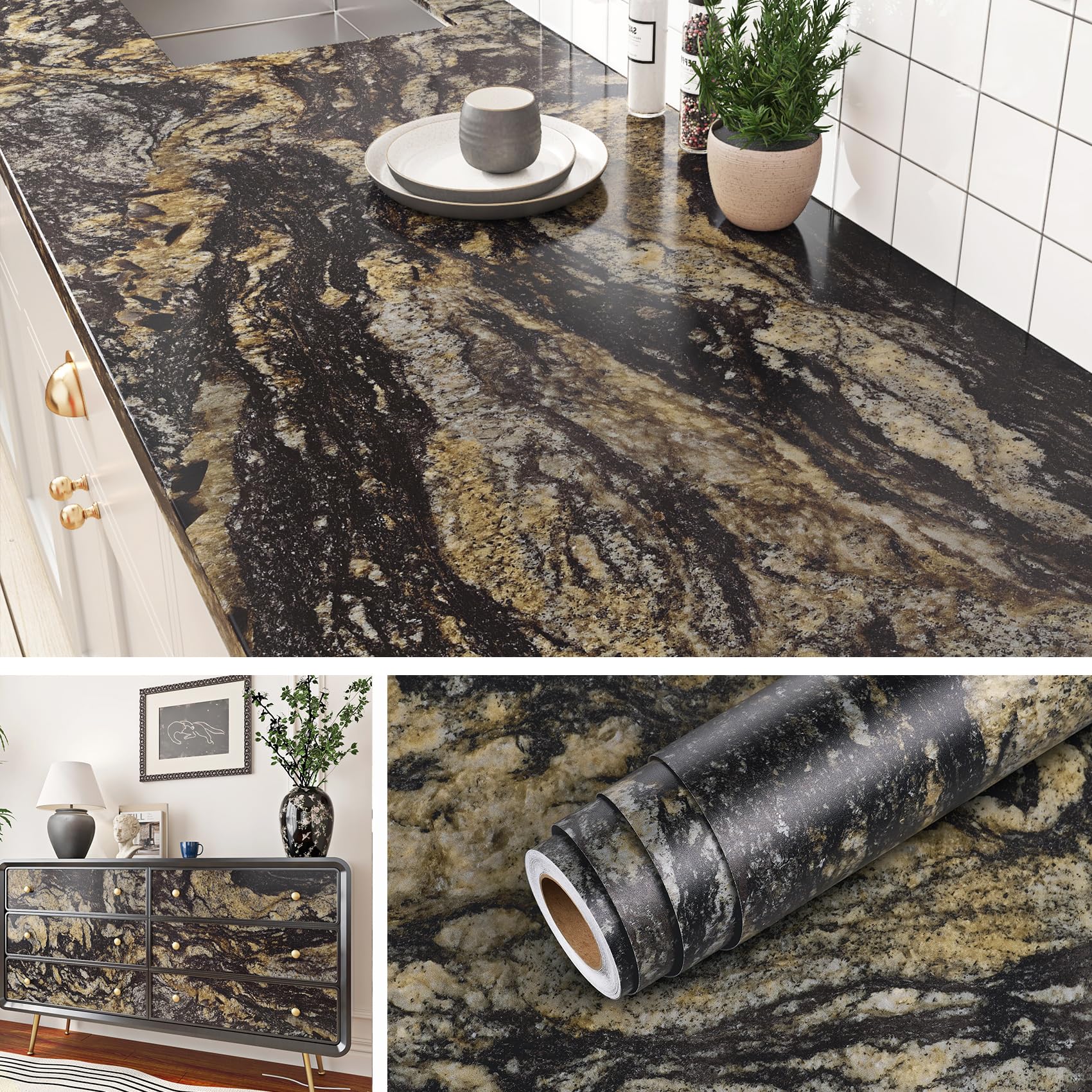 Papel de contacto de granito negro para renovar encimeras dañadas, cubierta de vinilo lavable