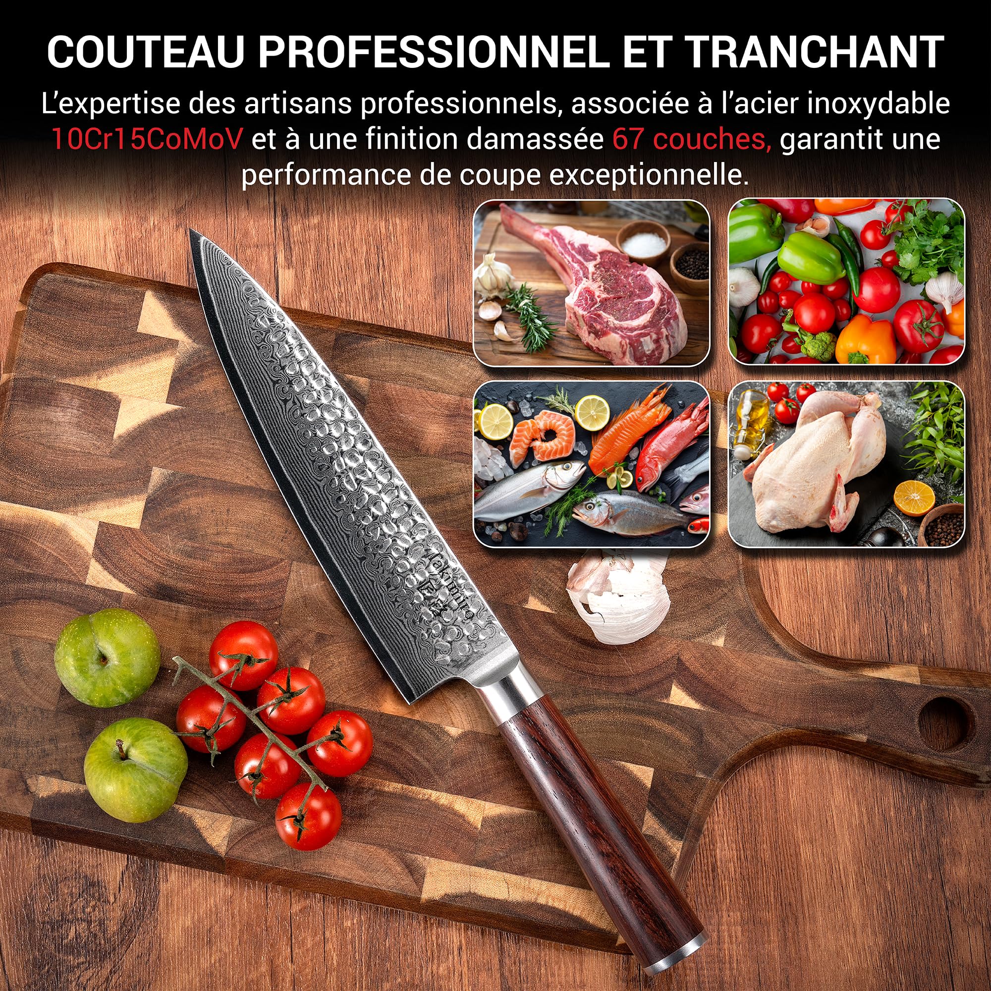 Coltello da chef Coltello da cucina giapponese Gyuto in acciaio Damasco inossidabile a 67 strati | Extremely Sharp Professional Kitchen Knife | Durevole Chef Knife (HRC 62, Legno Padouk)