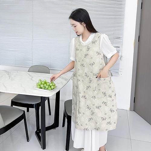 Miniatura 5 de Pinafore - Delantal japonés, de algodón y lino, con espalda cruzada para mujer, con bolsillos, vestido con lazos en la cintura