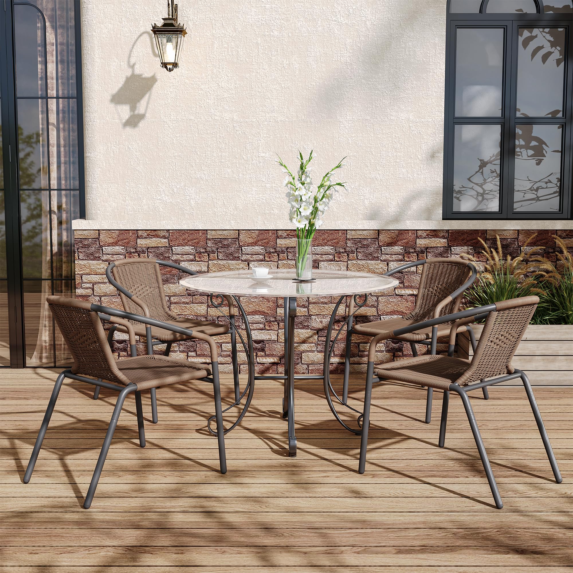 Amopatio Outdoor Dining Chairs Set of 4, Stackable Outdoor Patio Chairs, Rattan Wicker Patio Chairs Set of 4, for Porch, Deck, Garden, Poolside, Yard, Bistro, Restaurant, Brown