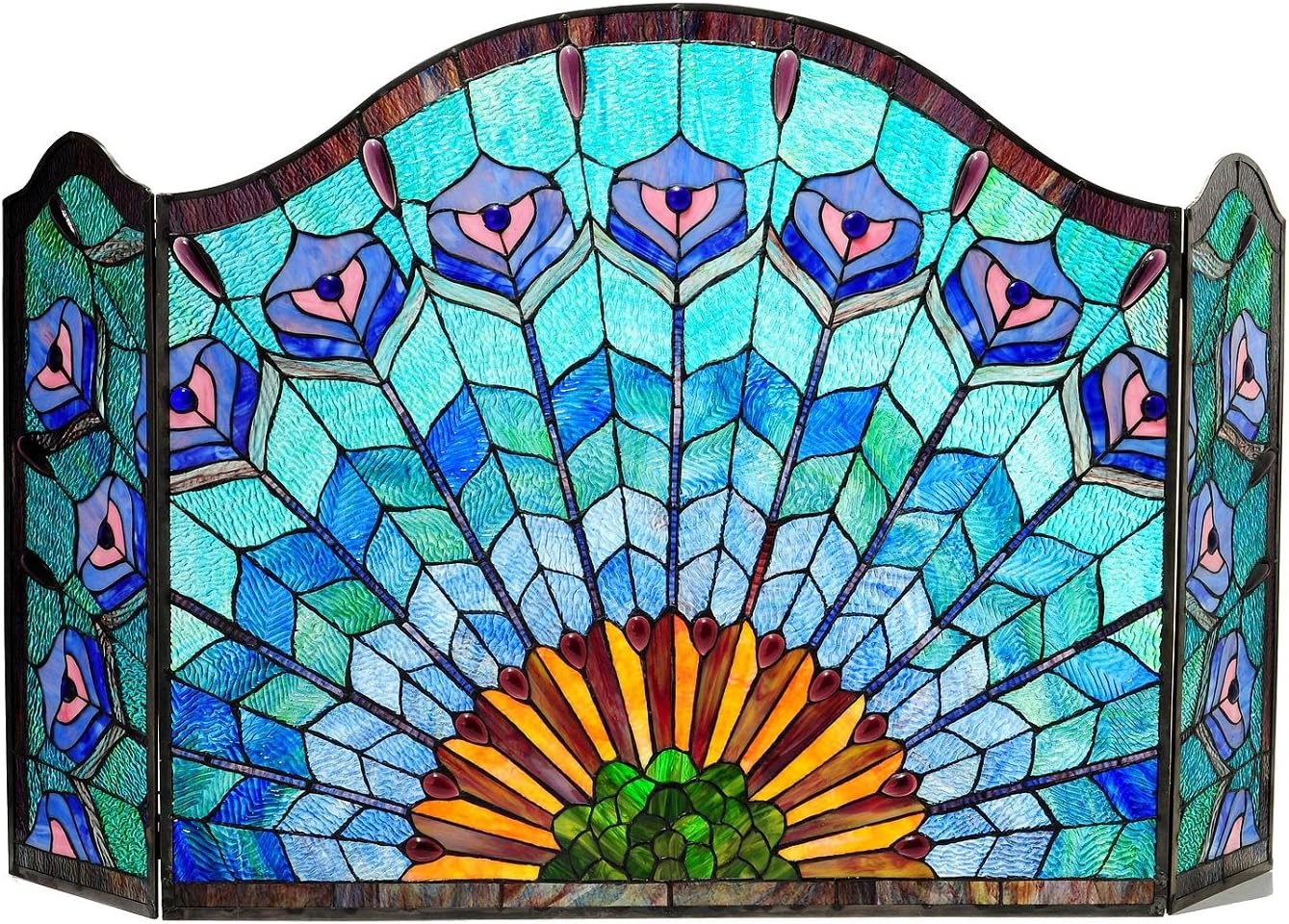 Tiffany-Glass 3pcs Folding Peacock Fireplace Screen 48" Wide