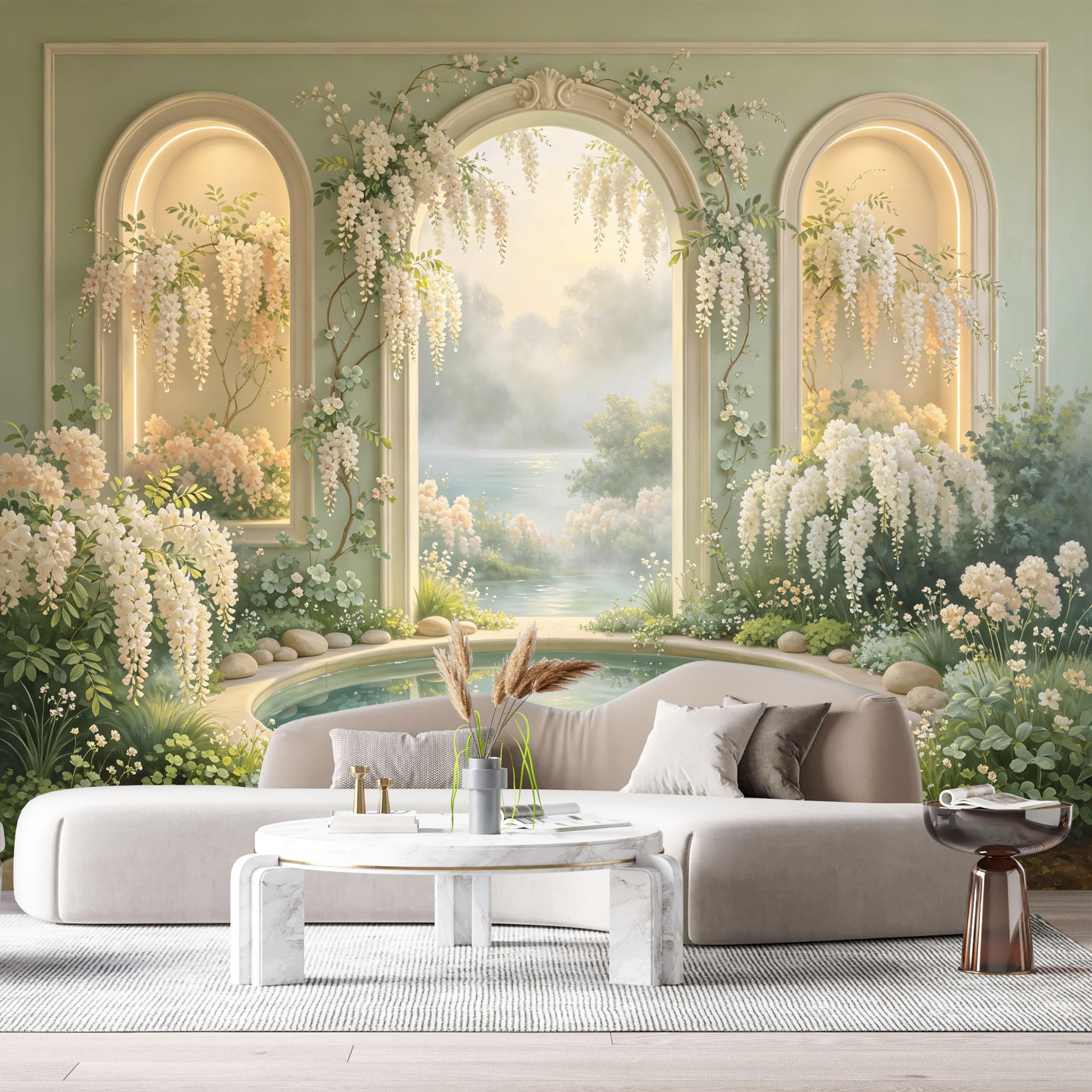 Custom Size Wall Murals Neoclassical White Wisteria Lake Archway 3D Trompe L'Oeil SelfAdhesiveWall Fabric Removable Wallpaper Wall Decor for Living Room Bedroom Bathroom