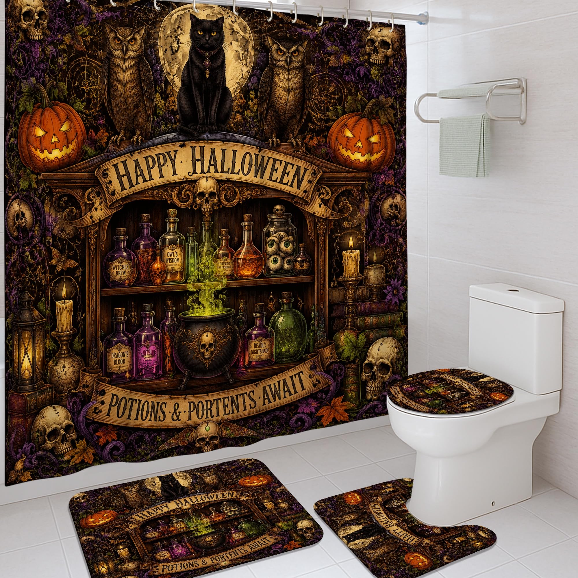 Rideau de douche imperméable noir 183 cm anti-éclaboussures avec motif chat et potions d'Halloween