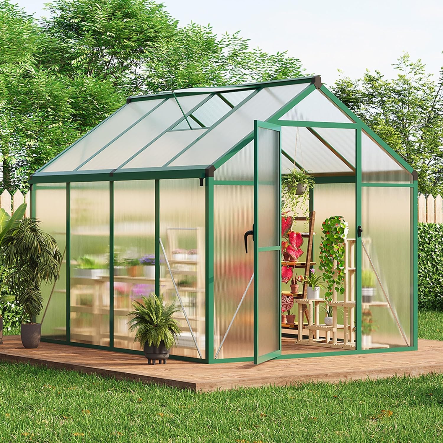 6X8 FT Greenhouse for Outdoors, Polycarbonate Flower Greenhouse with Roof Vent, Push-Pull Lockable Door, Aluminum Walk-in Greenhouses for Outside Garden Backyard, Patio, Lawn, Green