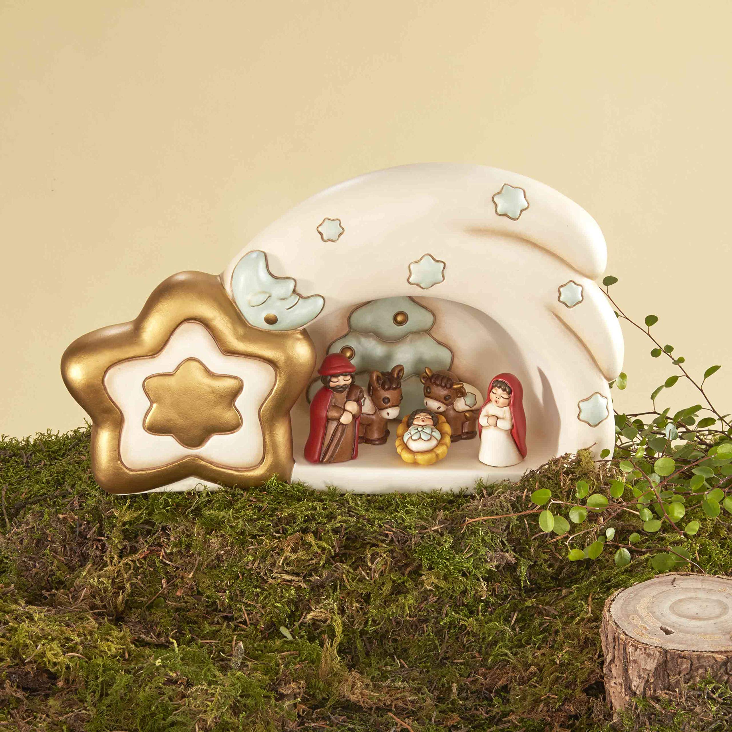 THUN - Mini Presepe Classico 2019 con Capanna Grande a Stella Cometa - Ceramica - 20x10x18 cm