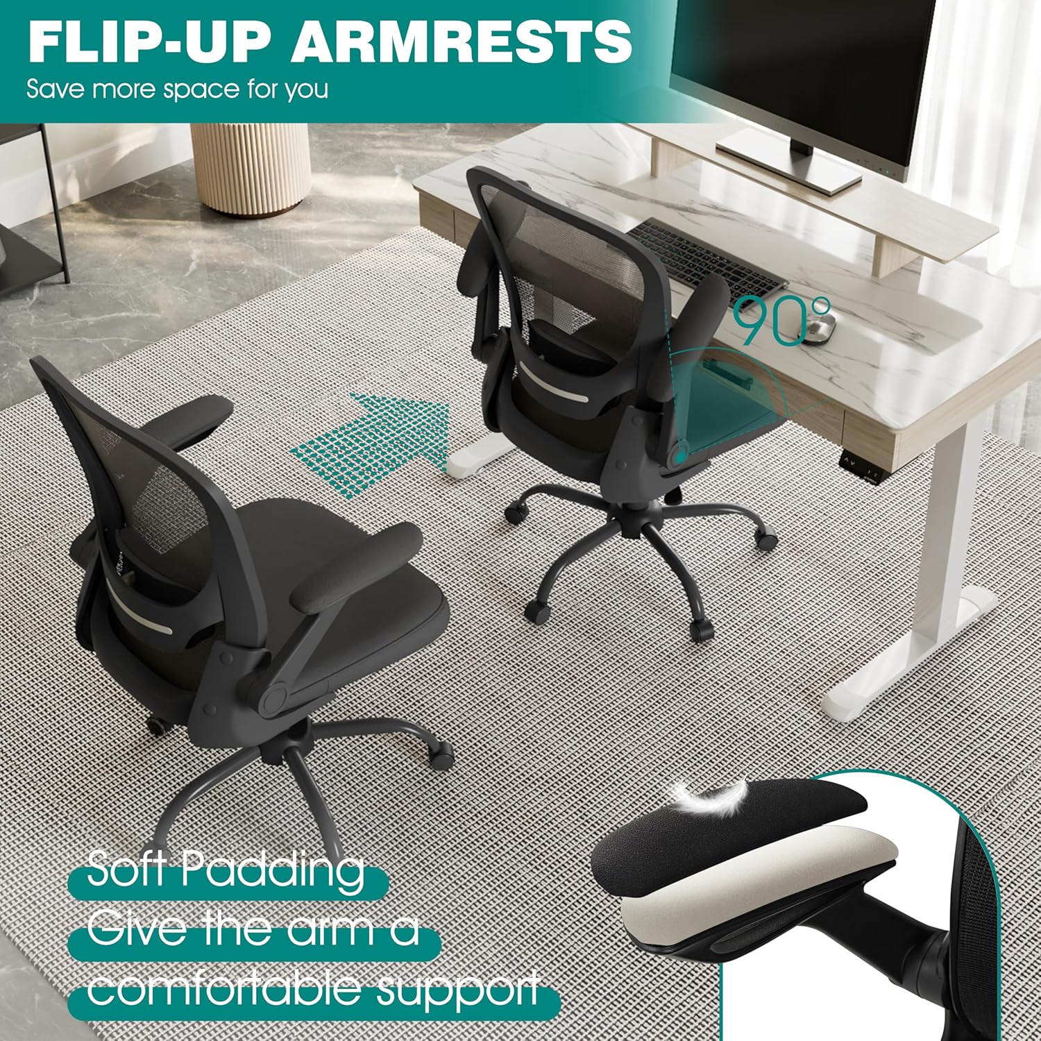 EUREKA ERGONOMIC Home Office Desk Chairs, Ergonomic Desk Chair with Wheels, Computer Chair with Breathable Mesh, Adjustable Height Back Lumbar Support Flip-up Armrests, Rolling Chair, Black