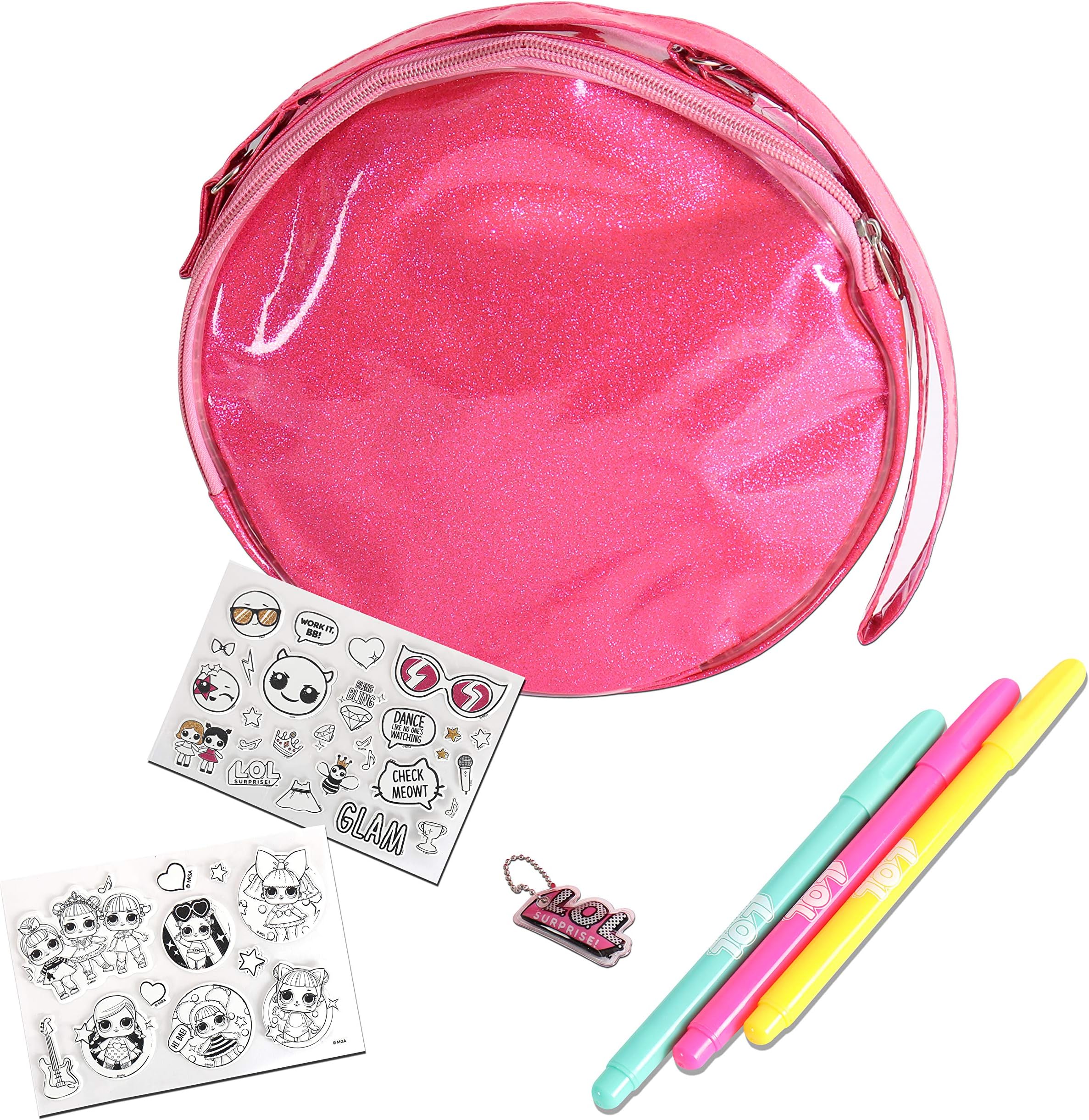 Laeto LOL Surprise Kids Glam Shoulder Bag | Personalisable Girls Pink Glitter Effect Cross Body Bag with Stickers for Colouring In