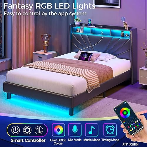 Miniatura 12 de Rolanstar Base de cama tamaño King, cabecera de almacenamiento con estación de carga y luces LED, cama tapizada con listones de madera resistentes,
