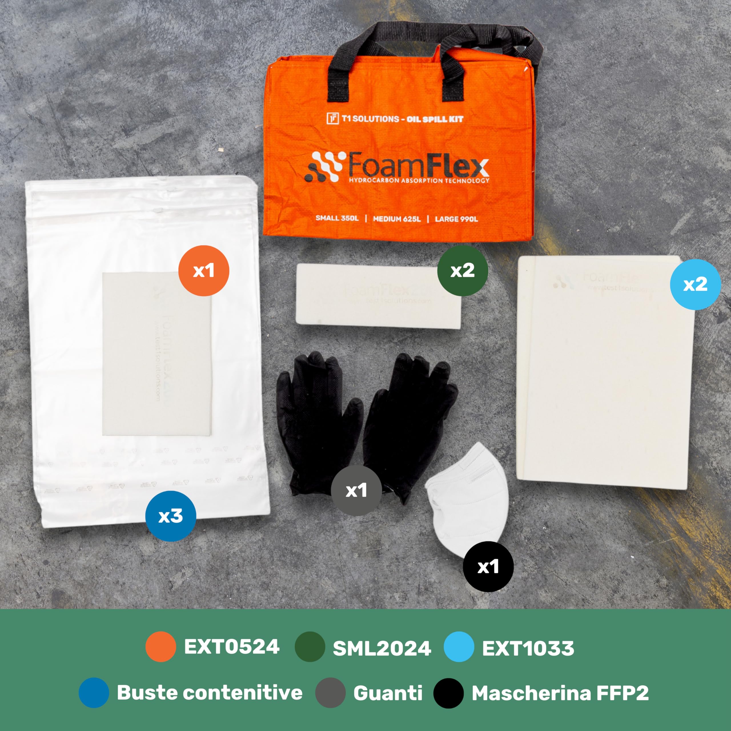 Spill Kit Small, con Spugne Oleoassorbenti e Idrorepellenti Riutilizzabili, Kit Completo per Sversamenti Olio e Liquidi Industriali, Capacità 350L
