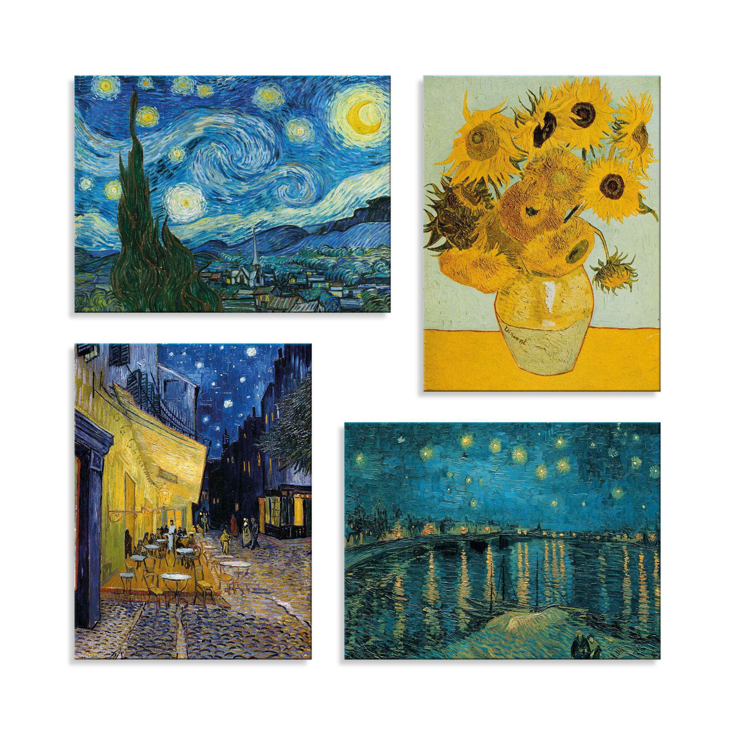 LuxHomeDecor Juego de 4 cuadros 40 x 30 cm – Impresión sobre lienzo con marco de madera – Vincent V. Gogh – Noche estrellada, girasoles, terraza del café, noche en el Ródano