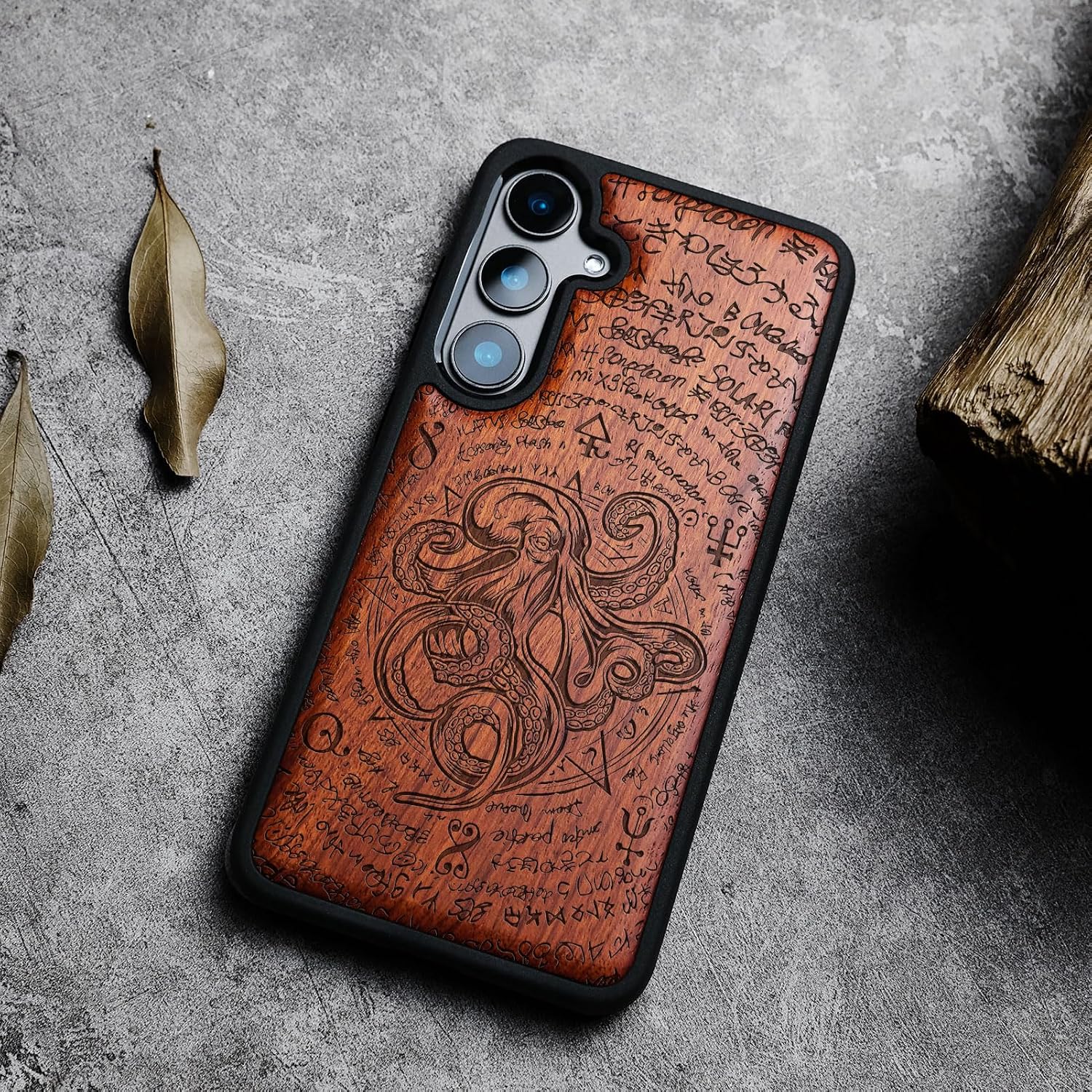 Carveit Wood Case for Galaxy S24 Case [Natural Wood & Black Soft TPU] Shockproof Protective Cover Unique Wooden Design Compatible with Samsung S24 (Octopus and Octagonal Star-Rosy)