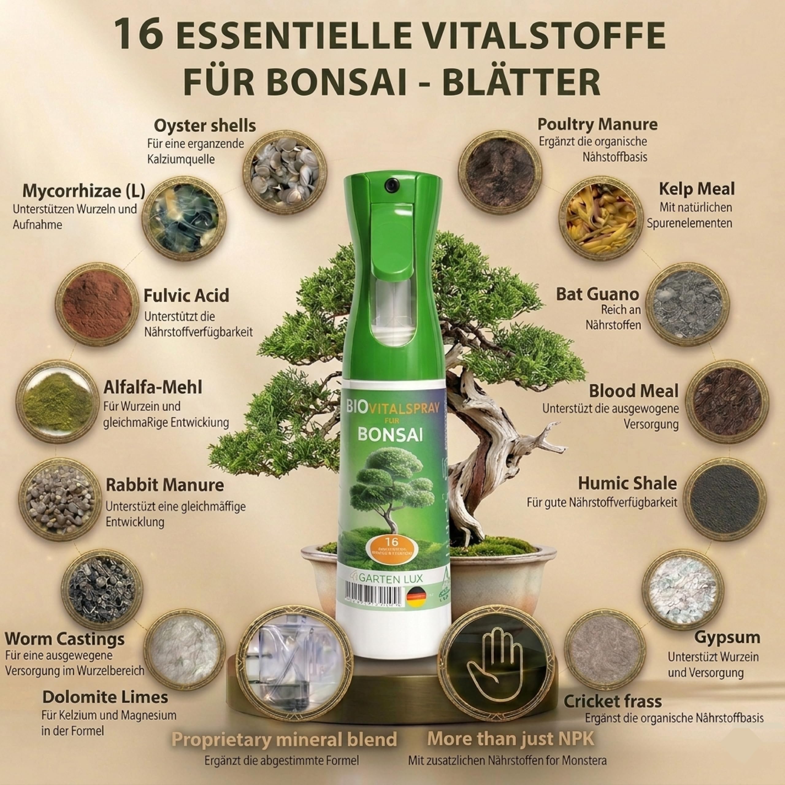 Garten Lux Spray bio Vital pour feuilles de bonsaï 300 ml 16 oligo-éléments