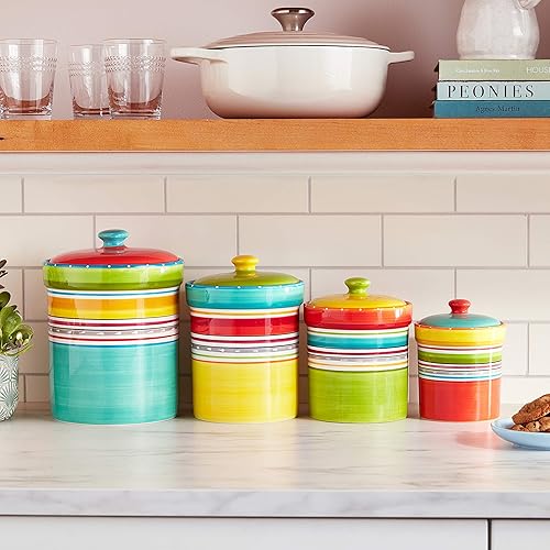 Miniatura 6 de Mariachi - Juego de recipientes de cocina de cerámica de 4 piezas, tarros herméticos de almacenamiento a rayas coloridas con tapas, de 24 a 128