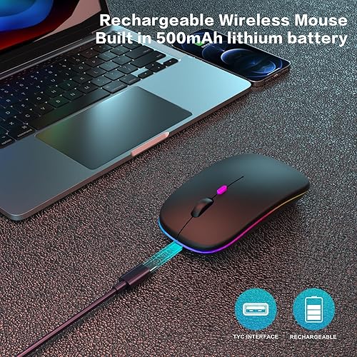 Miniatura 3 de Ratón inalámbrico Bluetooth recargable para laptop con uso LED portátil (BT5.2 y USB 2.4G) Conexión de modo dual Ratón silencioso delgado para