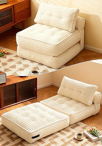 KINGYES Sofá cama plegable, silla convertible de pana con almohada, futón individual plegable, sofá de suelo, sala de estar, color beige