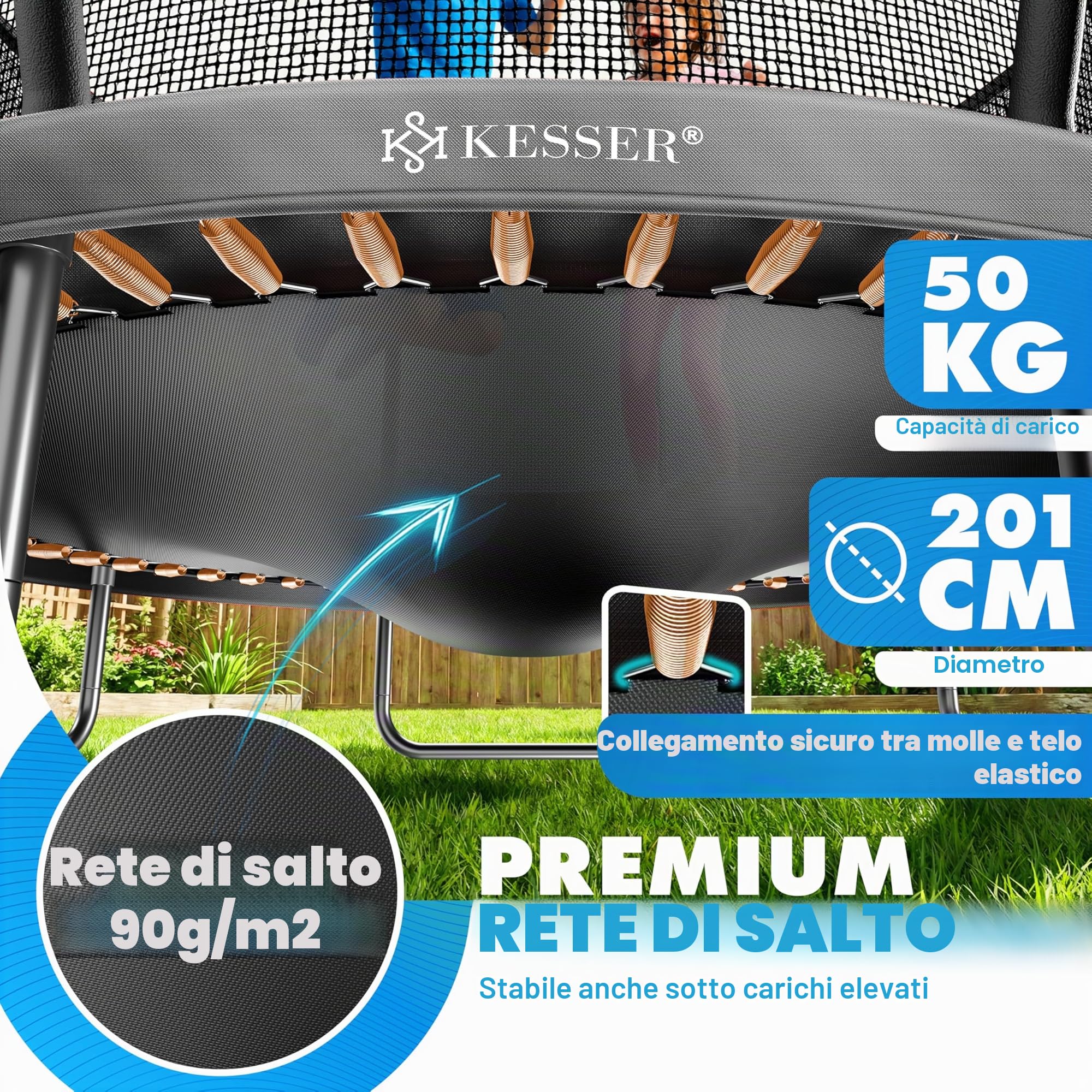 KESSER Trampolino esterno Ø 244/305/366/427 cm, certificato GS trampolino da giardino per bambini e adulti < 150 kg con rete di sicurezza, inclusa borsa, scala, copertura del bordo e aste in rete