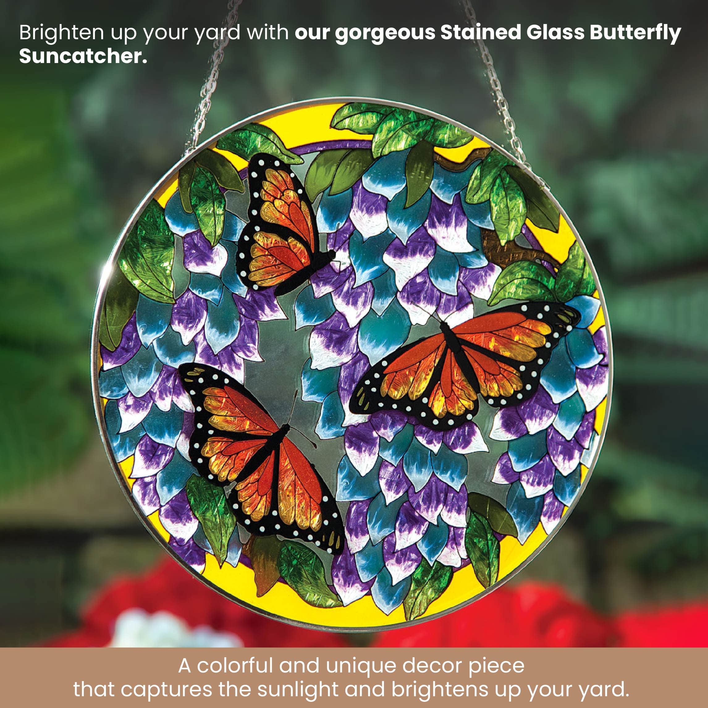 Bits and Pieces - Artystyczny motyl łapacz słońca - witraż do powieszenia na oknie - ręcznie malowany monarcha motyl łapacz słońca - dekoracja do domu ogrodu - 23,5 cm