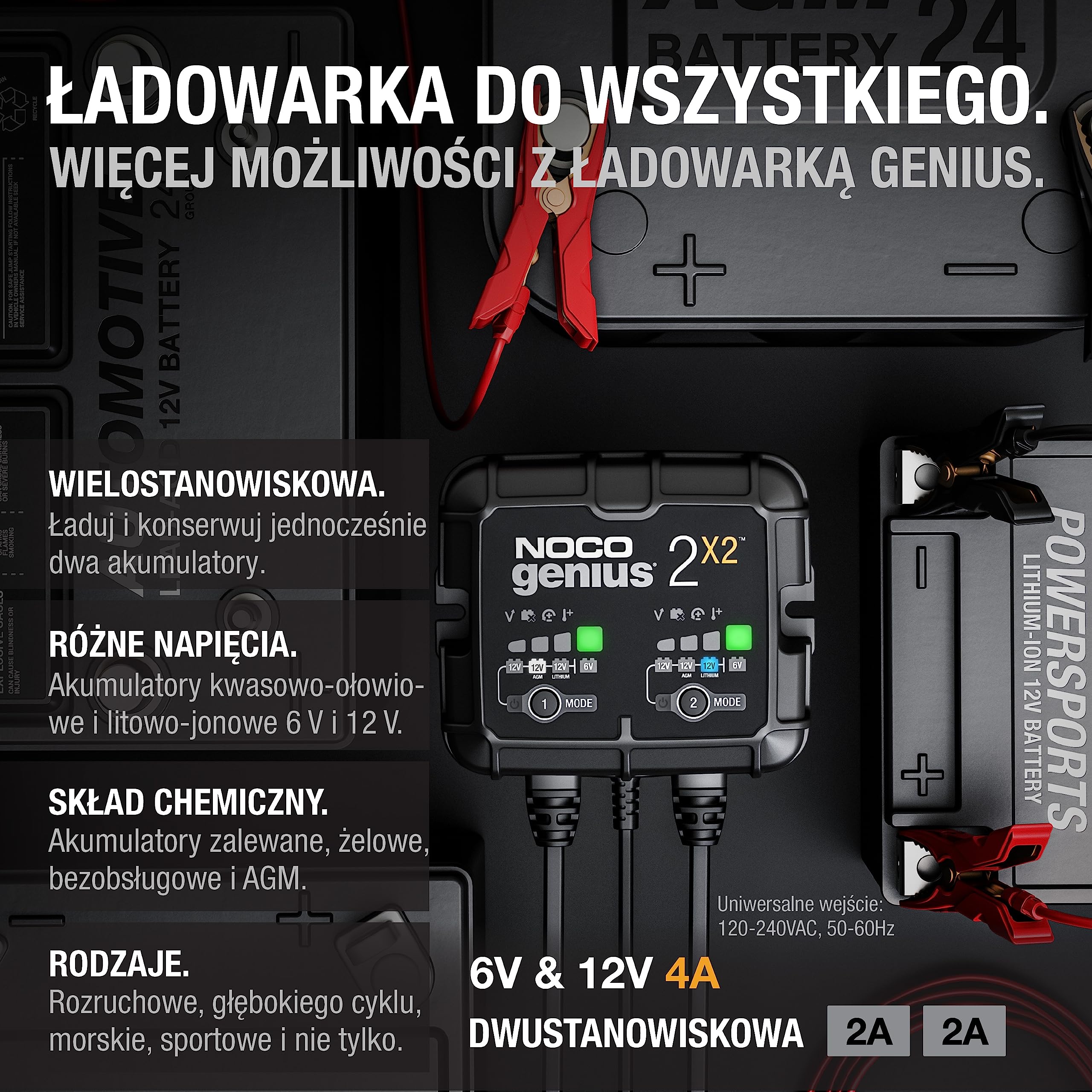 NOCO GENIUS2X2 Automatyczna Ładowarka 4A (2A na Bank) do Akumulatorów 6V i 12V - Konserwator, Podtrzymujący i Odsiarczający z Kompensacją Temperaturową