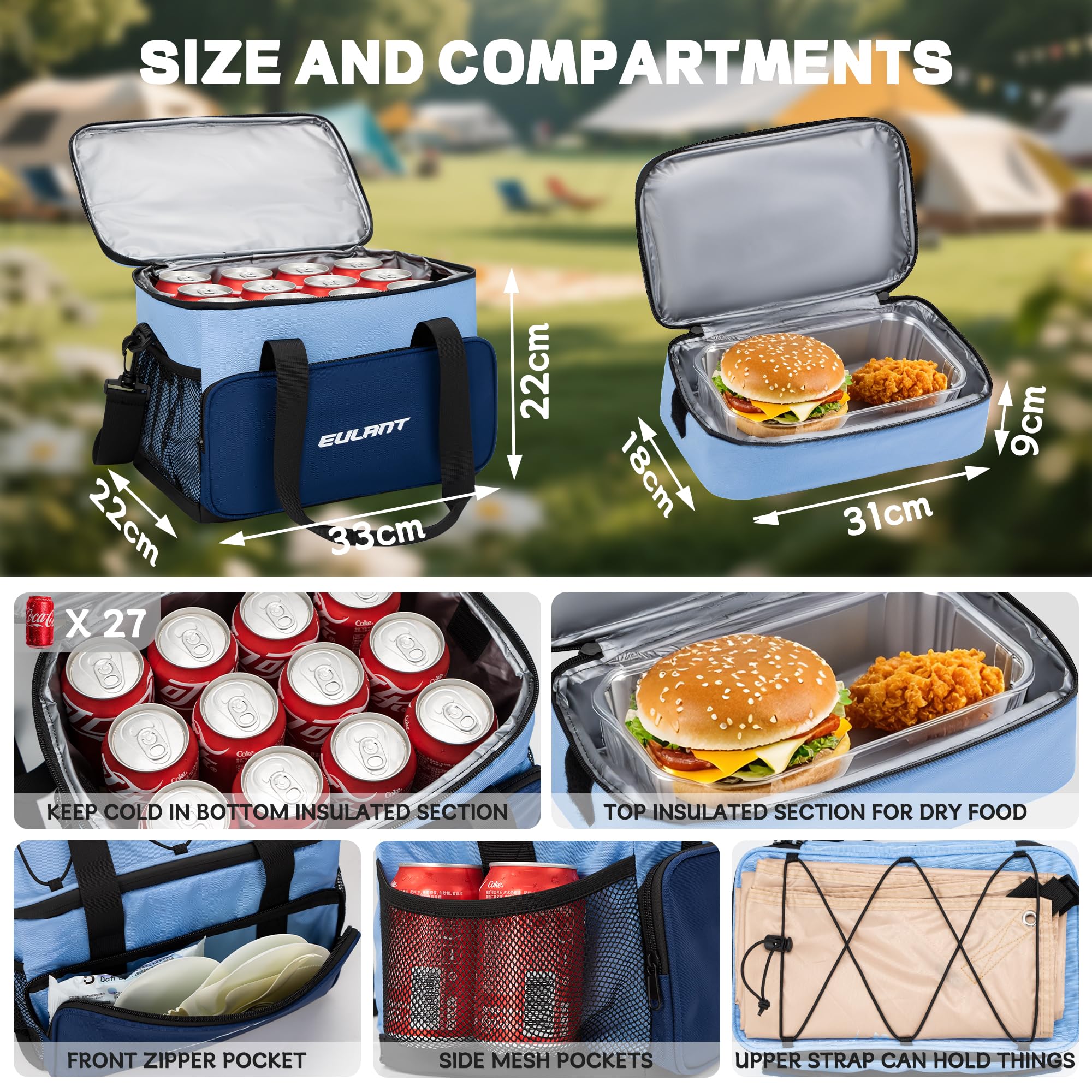 EULANT 2 en 1 Sac Isotherme Repas avec Fermeture Eclair Etanche,Grand sac Sacs Glaciere de 16L + Petite Pochette Isothermes de 5L,Cooler Bag pour Camping Picnic Beach Work Travel School Car