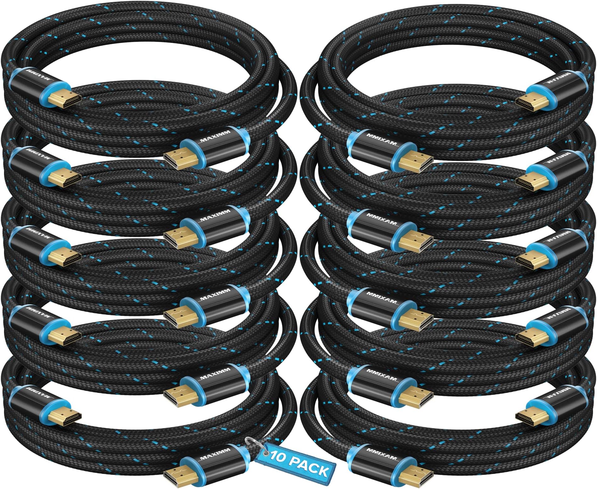 Maximm HDMI Cable 4K Ultra HD 12 Foot (10 Pack) Nylon Braided HDMI 2.0 Cable, High Speed 18Gbps 4K@60Hz HDR, 3D, 2160p, 1080p, HDCP 2.2, ARC, HDMI Cables for Monitors, HDTV