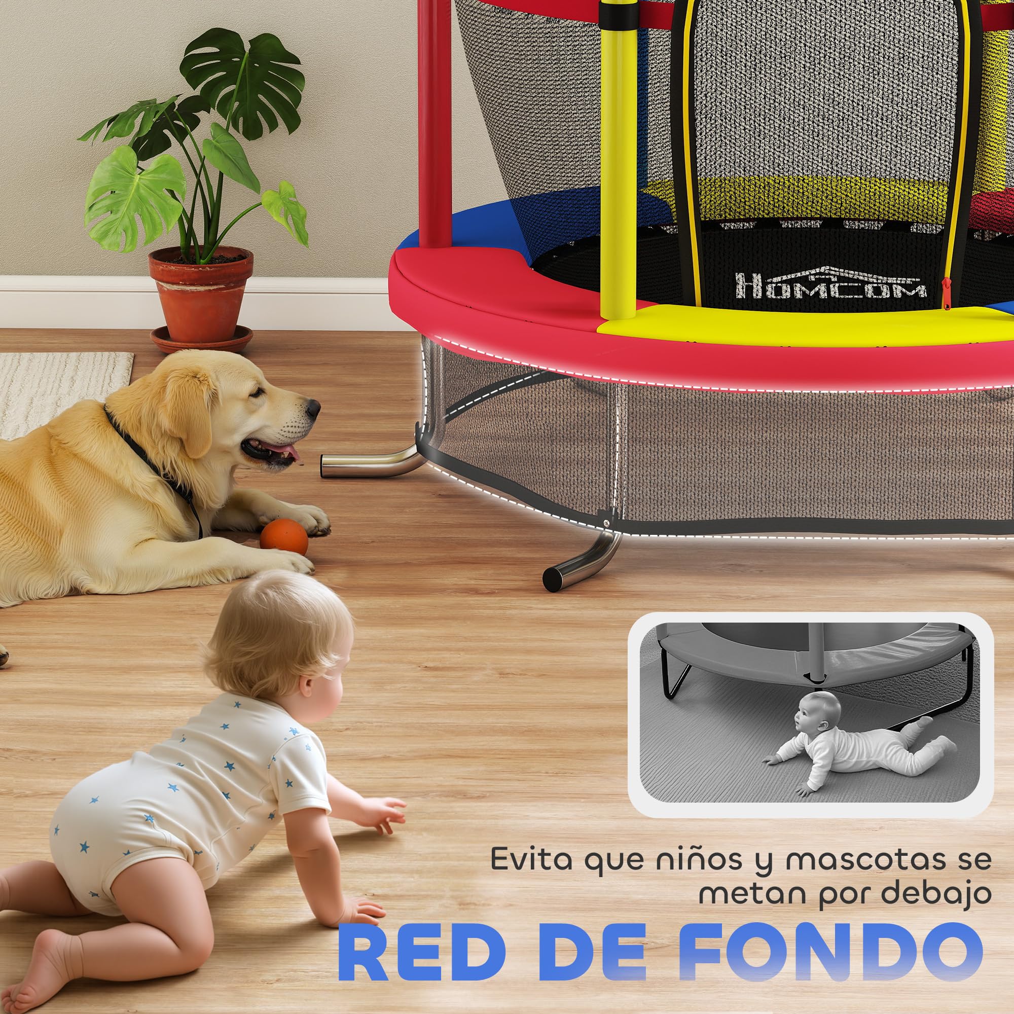 HOMCOM Cama Elástica Infantil, Ø160 cm, Trampolín para Niños de 3-6 Años con Red de Seguridad, Patas en Forma de L, Carga 45 kg, para Interior y Exterior, Multicolor