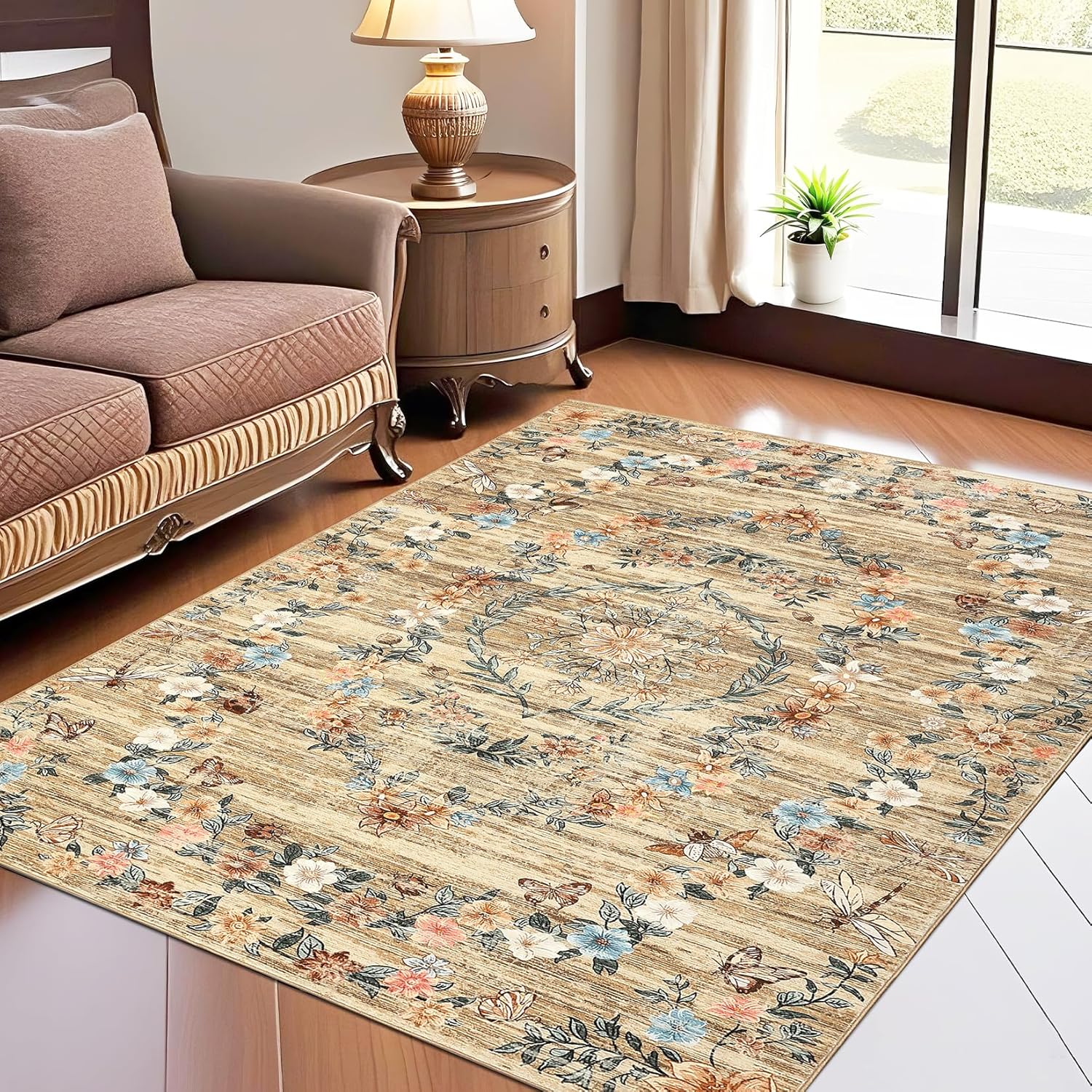 Garvee Large Floral Area Rugs for Living Room Bedroom 10x13 Non Slip Washable Rugs, Low Pile Stain Resistant Floral Carpet, Foldable Floor Mats for Dining Room, Nursery, Playroom, Brown