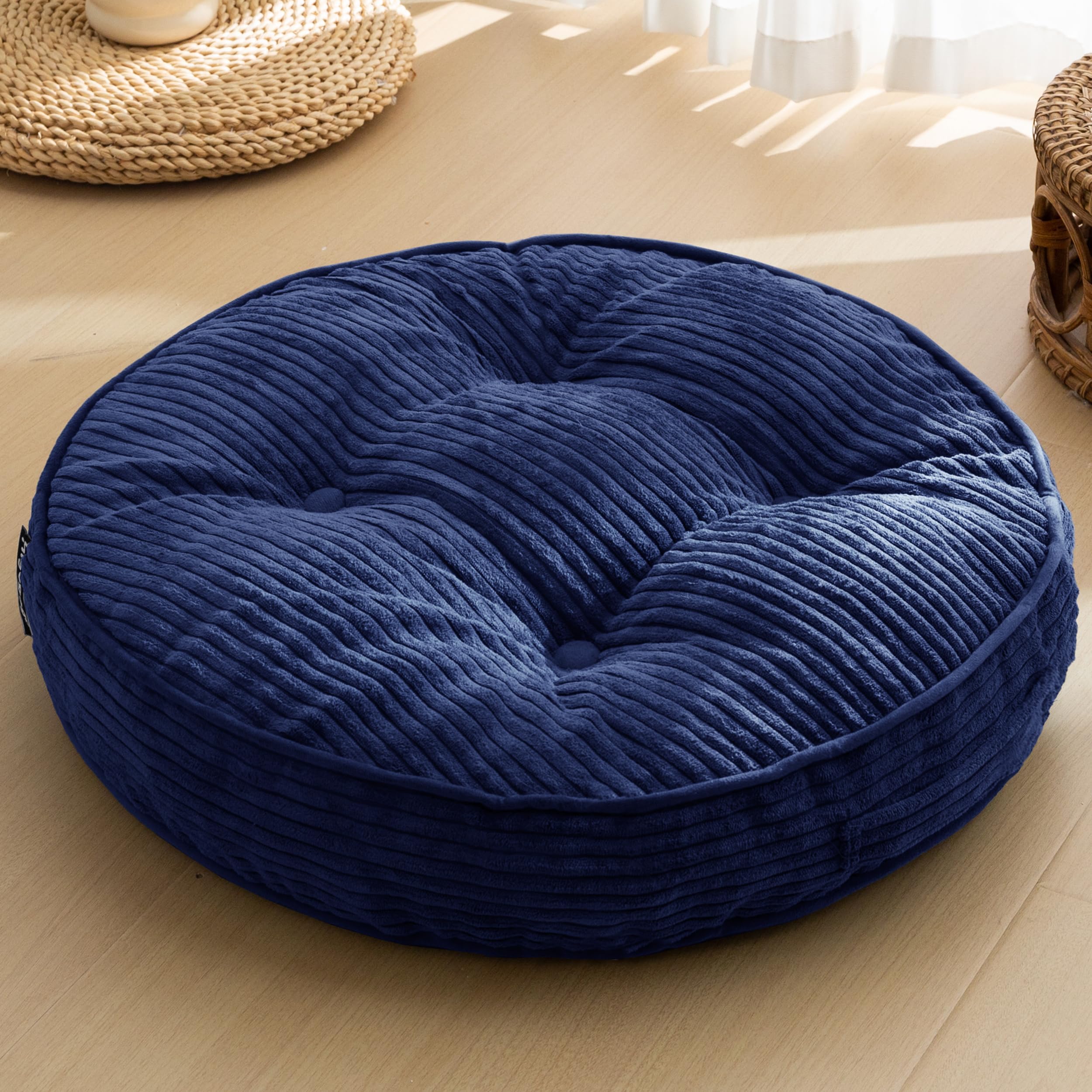 Floor Pillow Cushion for Adults, Meditation Cushion Pillow, Large Round Floor Sitting, Tufted Corduroy Cover, for Tatami Living Room or Yoga, 22x22 Inch, Navy