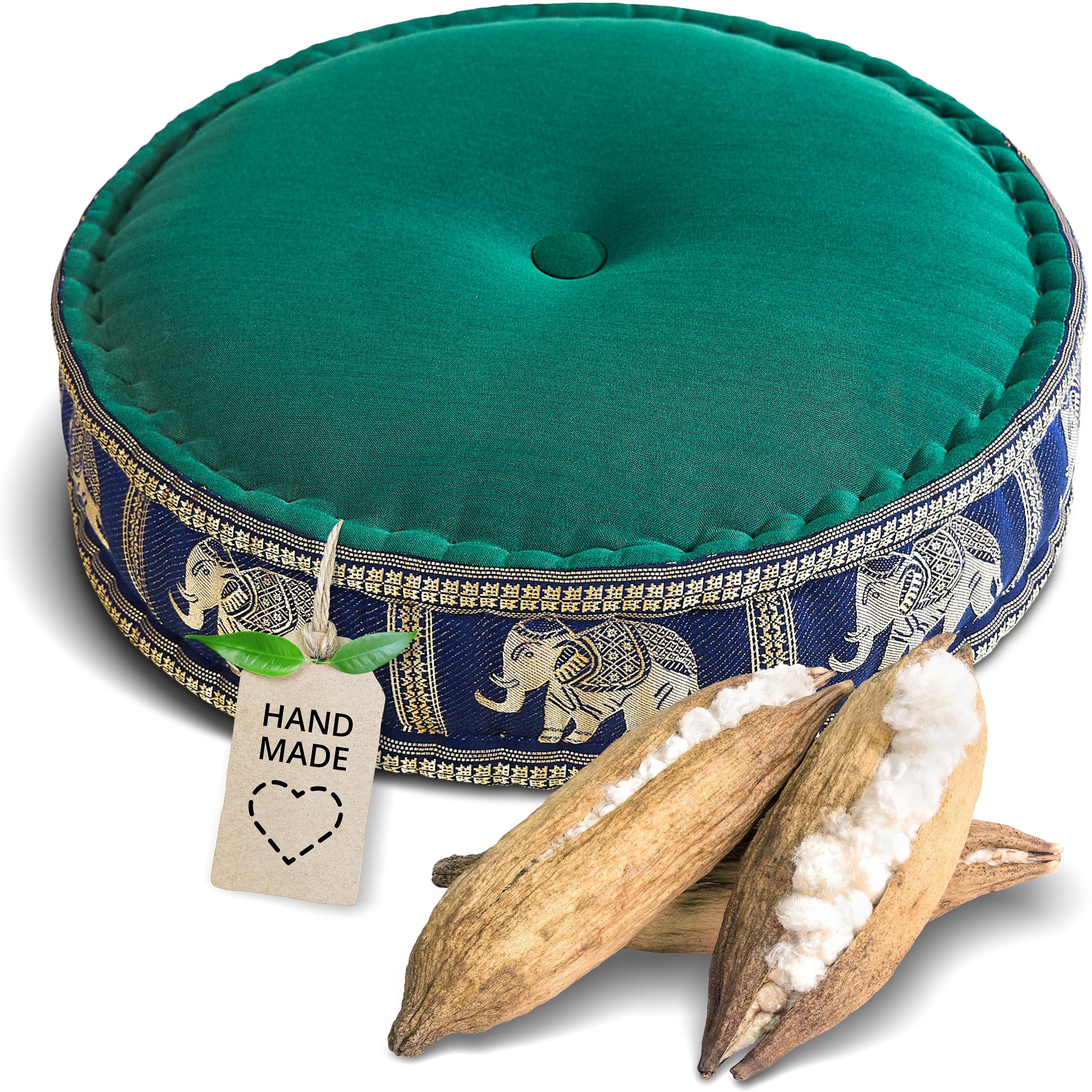 livasia meditation cushion with Thai silk - Ø 18x6″ - Yoga cushion kapok, Pouffe, Floor cushion yoga Zen meditation, Seat cushion garden balcony, Zafu (Green/Blue/Elephants, Silk)