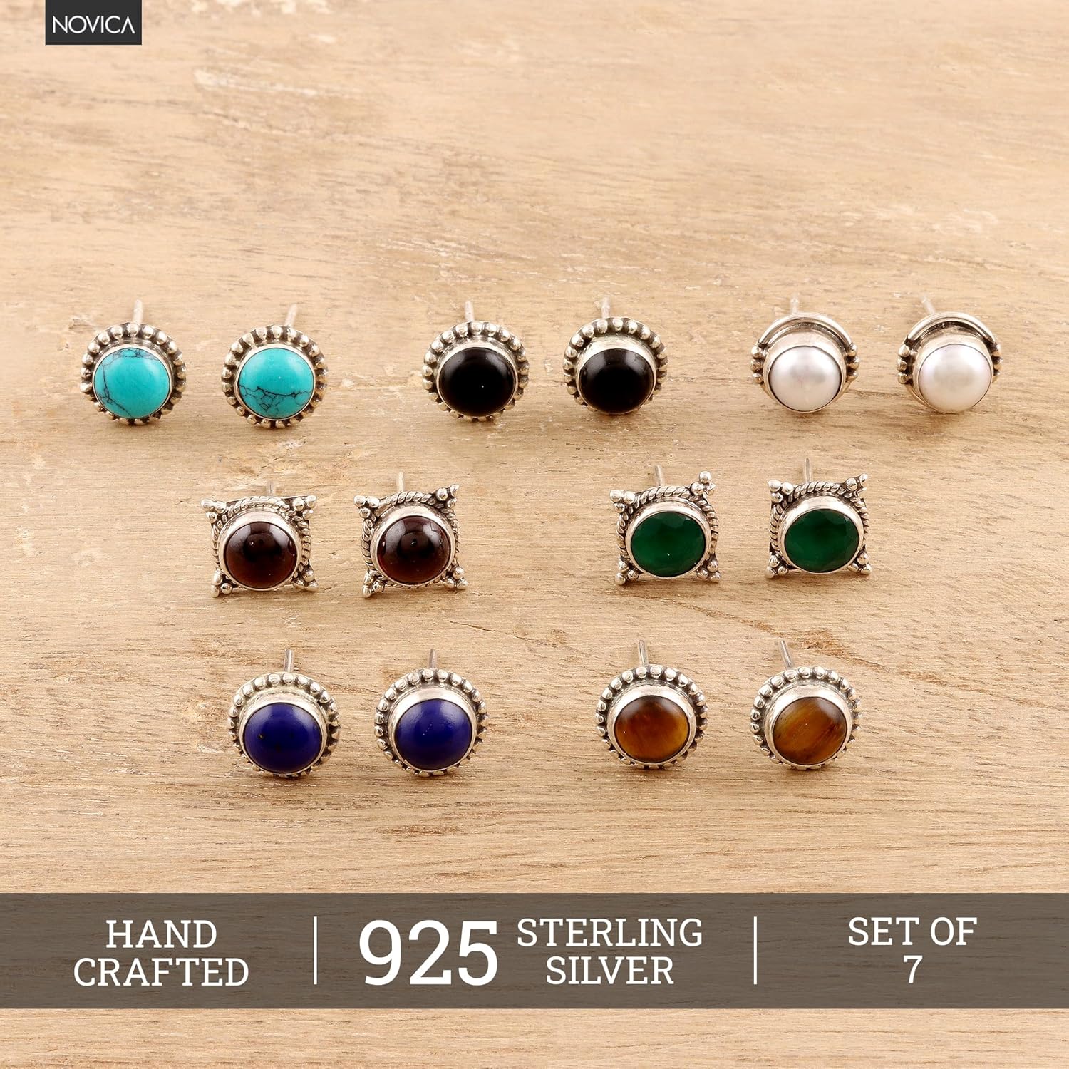 NOVICA Artisan Handmade Gemstone Stud Earrings Multigemstone Set of 7 Sterling Silver Assorted India Birthstone [ 0.3 in L x 0.3 in W x 0.1 in D] ' Everyday Looks' Set of 7