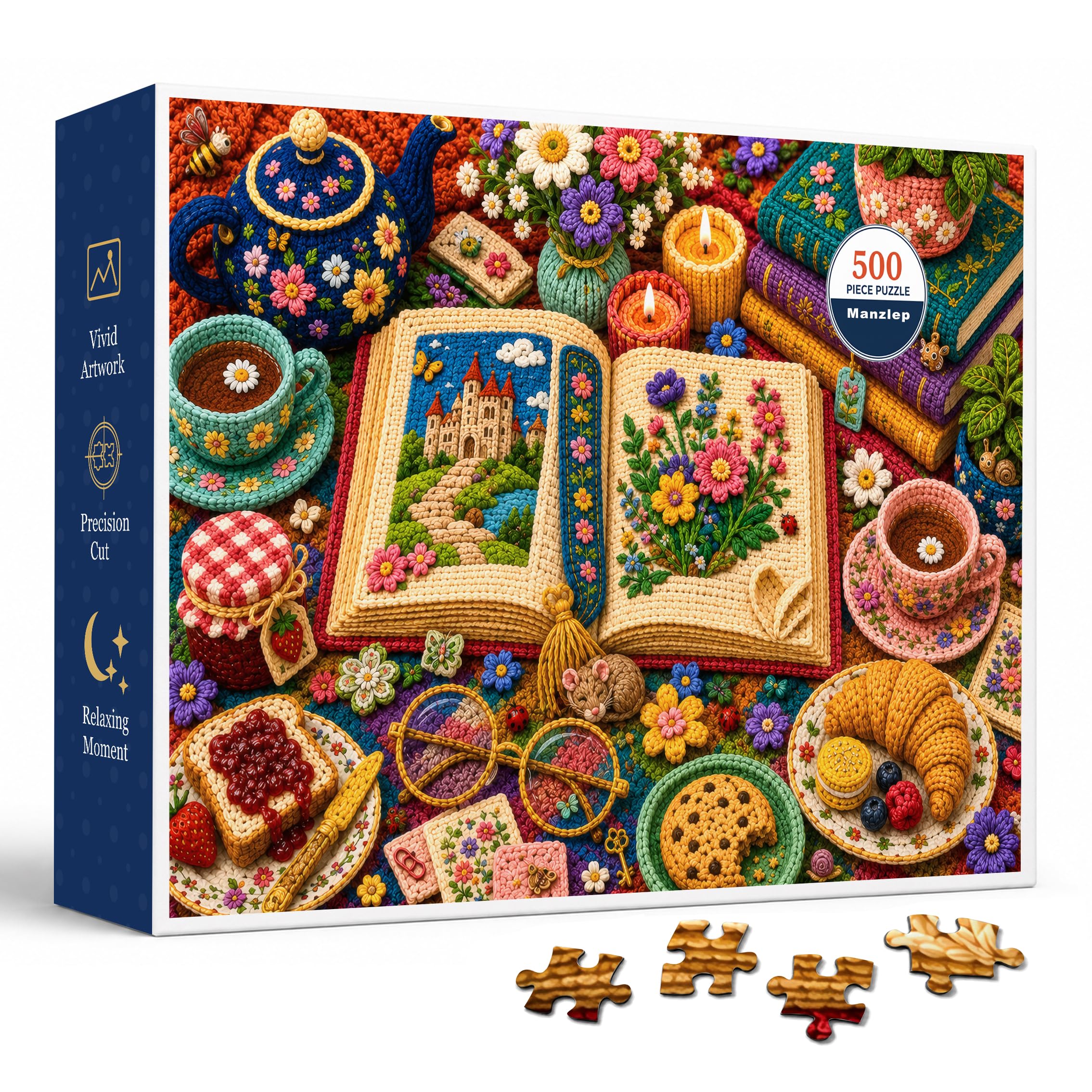 Crochet Tea Garden 500 Piece Jigsaw Puzzle for Adults, Colorful Yarn Art Scene with Open Storybook, Floral Teapot, Candles, Stacked Books, Tea Cups, Pastries, and Rich Cottagecore Craft Details