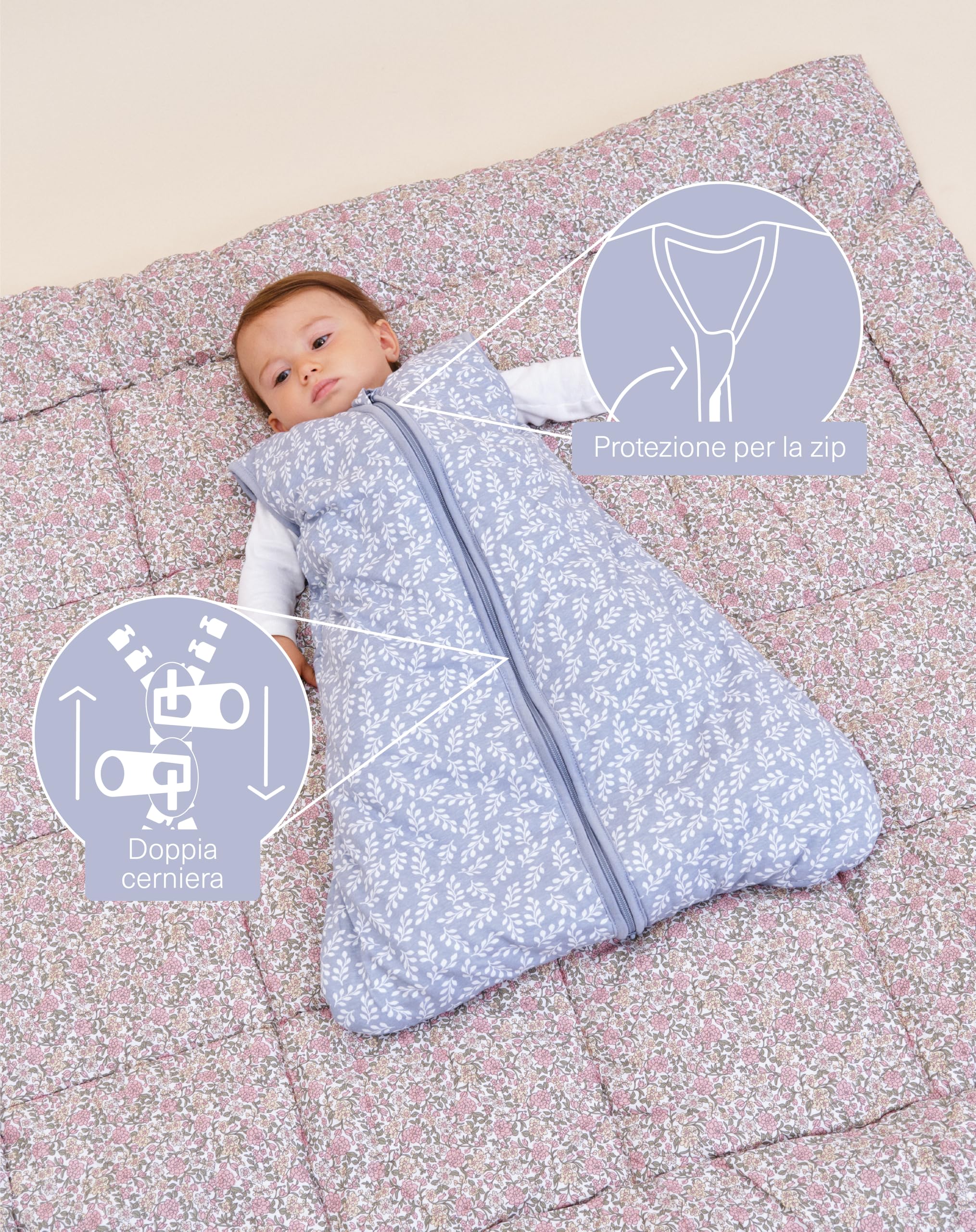 molis&co - Sacco Nanna - Sacco nanna invernale per Neonati e Bambini - Sacchi Nanna 2.5 tog - 100% Cotone (Oeko-TEX 100) - Blue Garden (6 a 18 mesi)