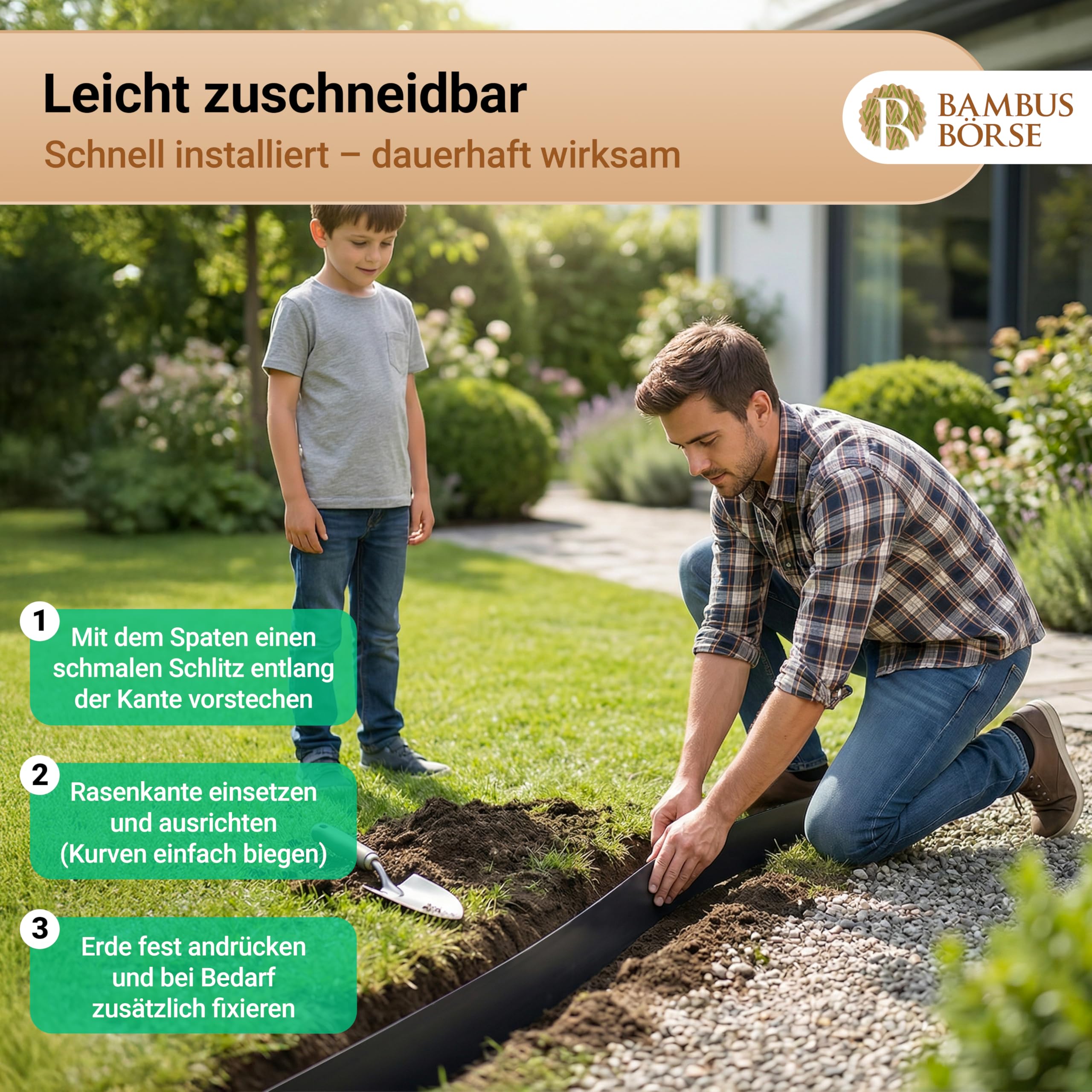 Rasenkante - Beetabgrenzung 15 cm hoch, 25 m lang aus HDPE Kunststoff - Flexible Beeteinfassung & Rasenbegrenzung wetterfest, UV-beständig, langlebig, einfache Montage - Beetkante Rolle