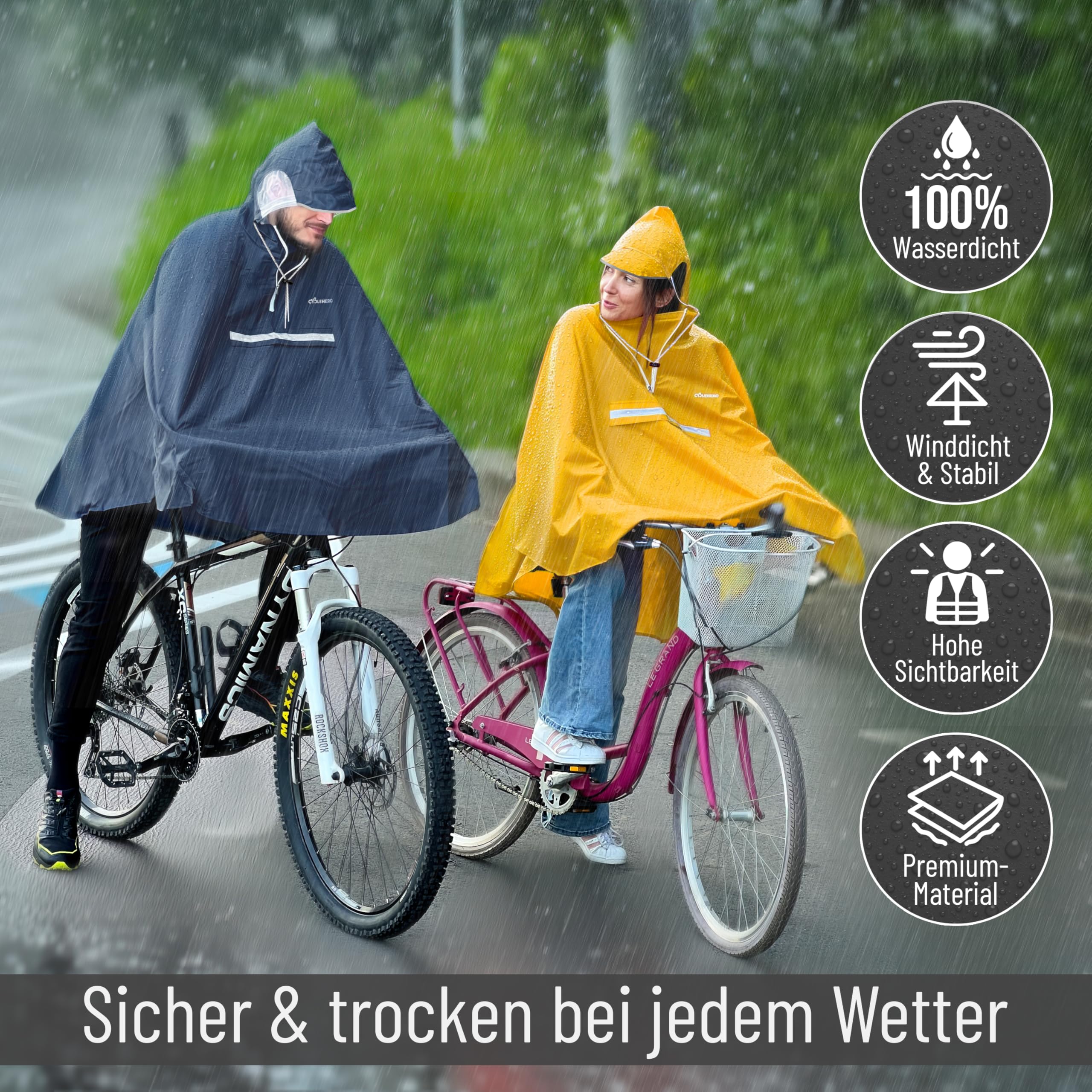 Regenponcho Fahrrad extra wasserdicht und robust - TEST SEHR GUT - Premium Regencape Fahrrad mit Reflektoren, Sichtfenster - Regenbekleidung als Regenponcho Herren und Damen - Regenjacke