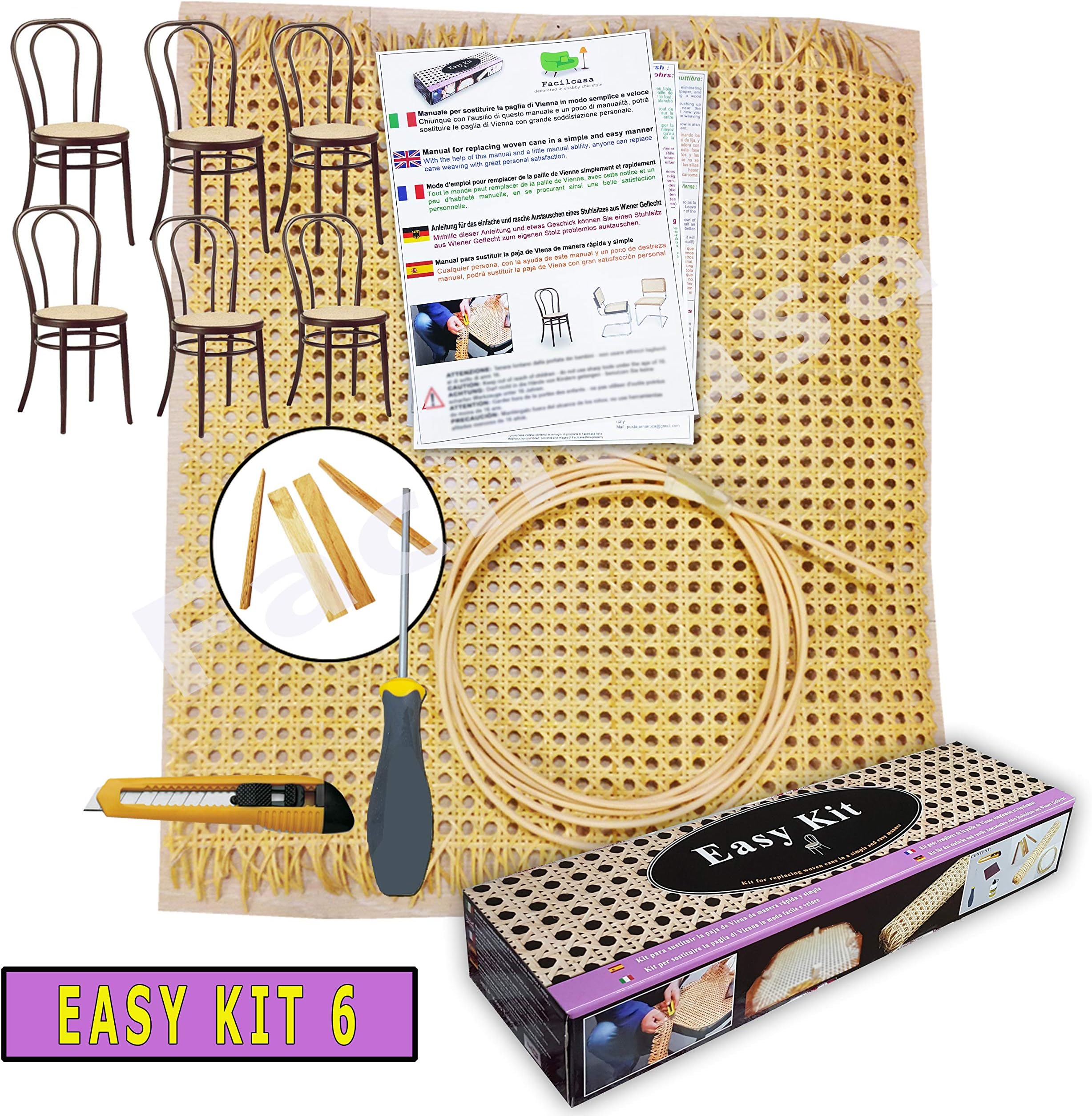 Chair Caning Supplies - Easy KIT - 106"X18" Cane Webbing Mesh, 39' of #8 Spline, 4 Wood Wedges, Caning Chisel - 5/16" Wide, Tool to Cut, Sandpaper, Glue, 5 Languages Guide | Repair Kit for 6 Seats