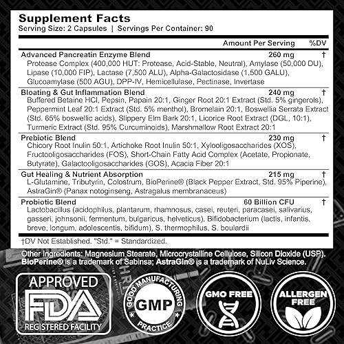 Miniatura 5 de Fórmula digestiva 5 en 1 para la salud intestinal probióticos, prebióticos, enzimas, curación intestinal y alivio de la hinchazón con 53