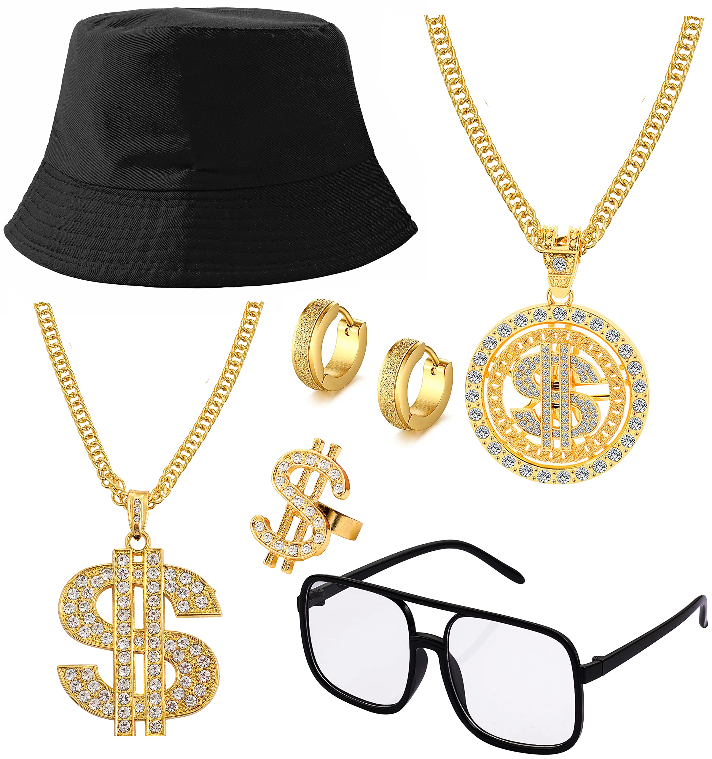 Jewdreamer6Pcs 80s/90s Hip Hop Costume Kit Rapper Accessories for Men Women 90s Outfit Hat Sunglasses Necklace