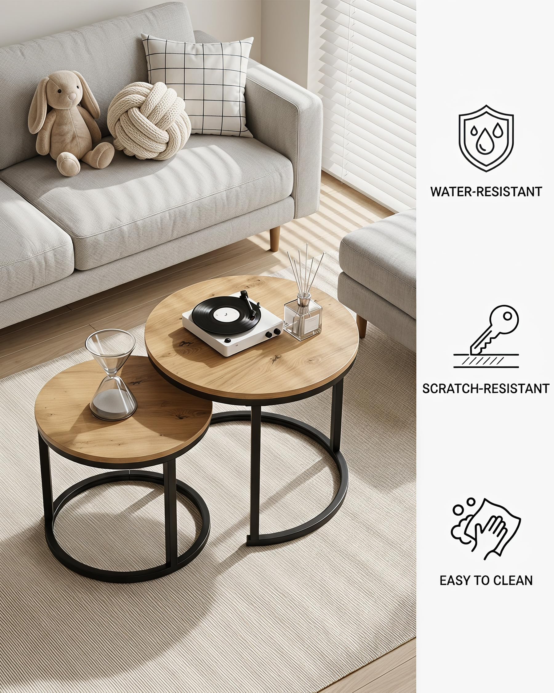 Couchtisch Rund Holz 2er Set, Wohnzimmertisch Modern, Coffee Table, Holz-Effekt Beistelltisch Wohnzimmer mit schwarzem Rahmen