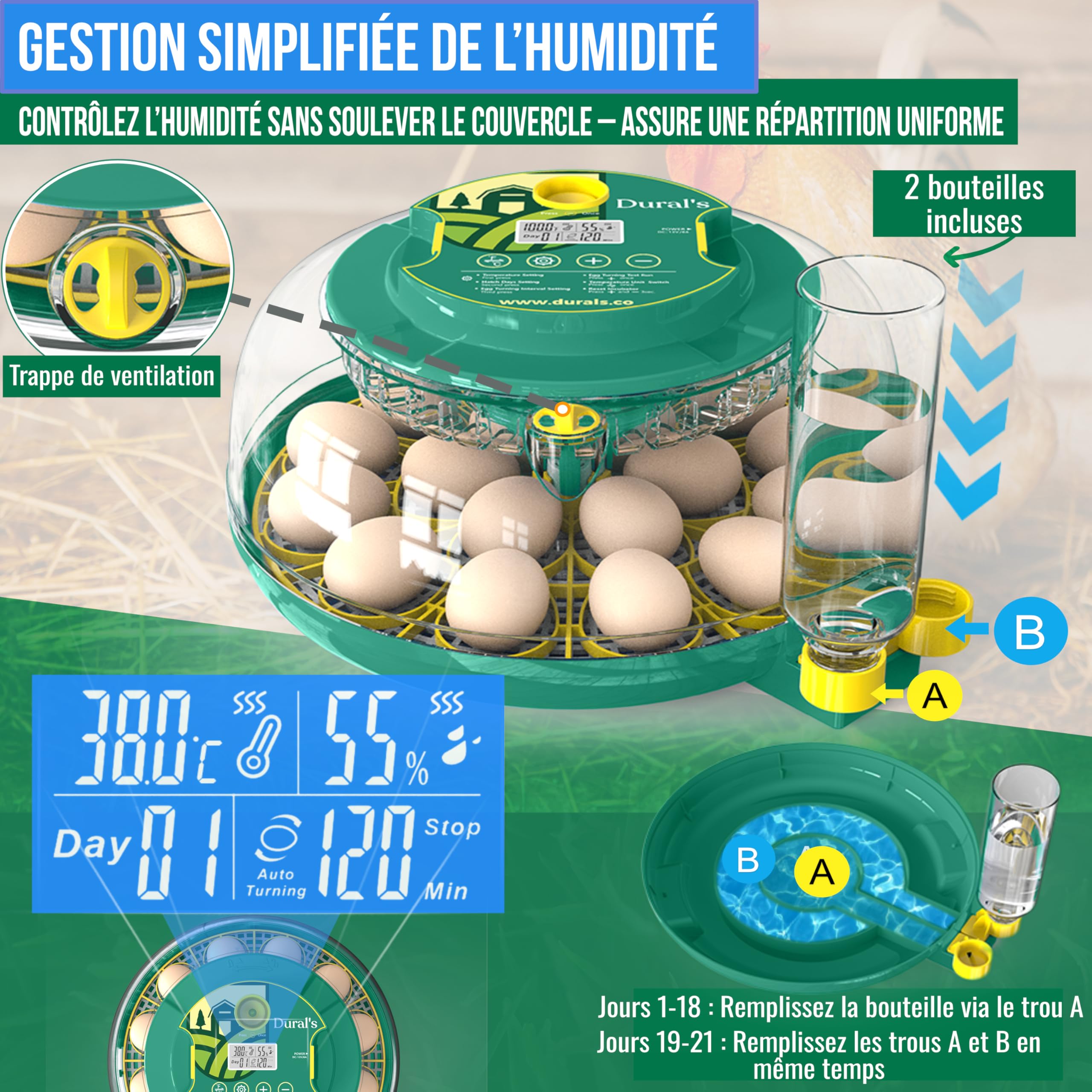 Dural's DX5® | Couveuse œuf automatique | Professionnel & Haute Précison | Certifiée CE | Contrôle de la Température & Humidité | Oeufs de Poule, Caille, Canard | Retournement Œuf automatique (DX5)