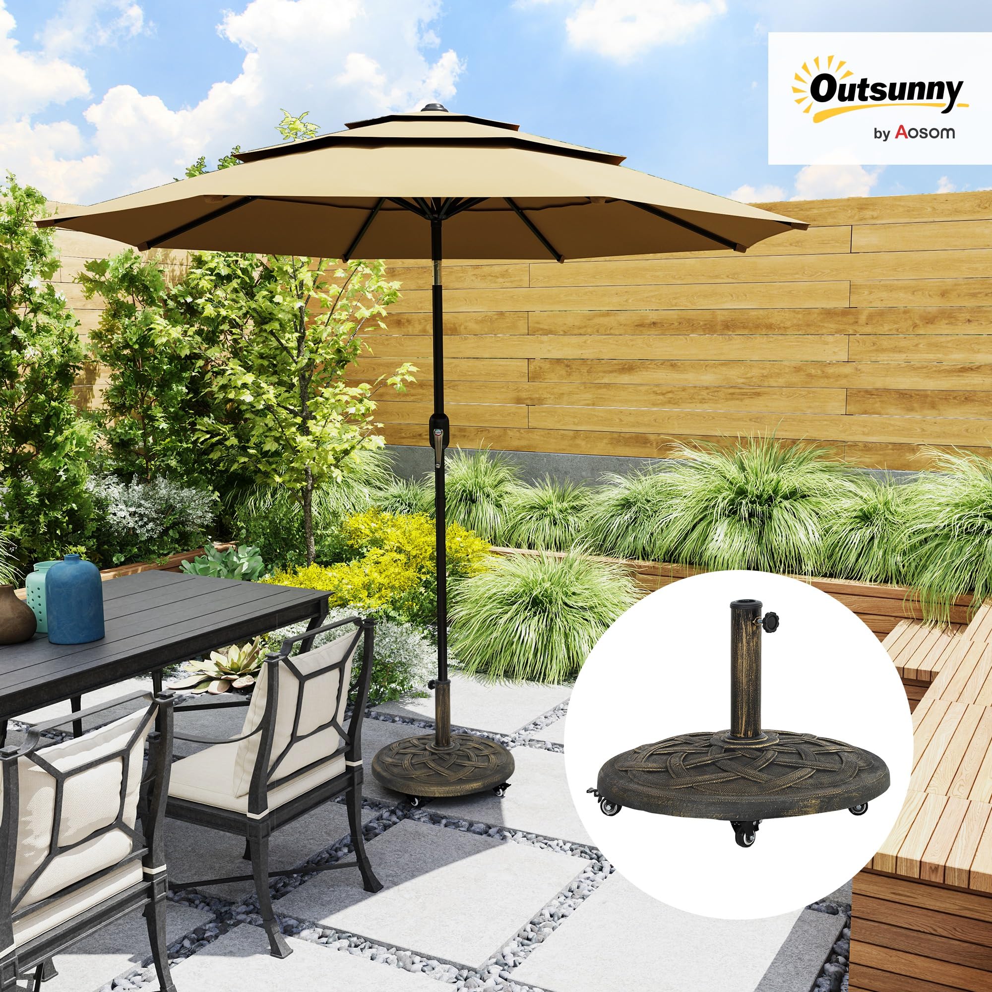 Outsunny Stojak na parasol przeciwsłoneczny z betonu, stojak na parasole z rolką, okrągły uchwyt na parasol, stojak na parasol przeciwsłoneczny o średnicy rury 34/38/48 mm, na balkon, taras, do