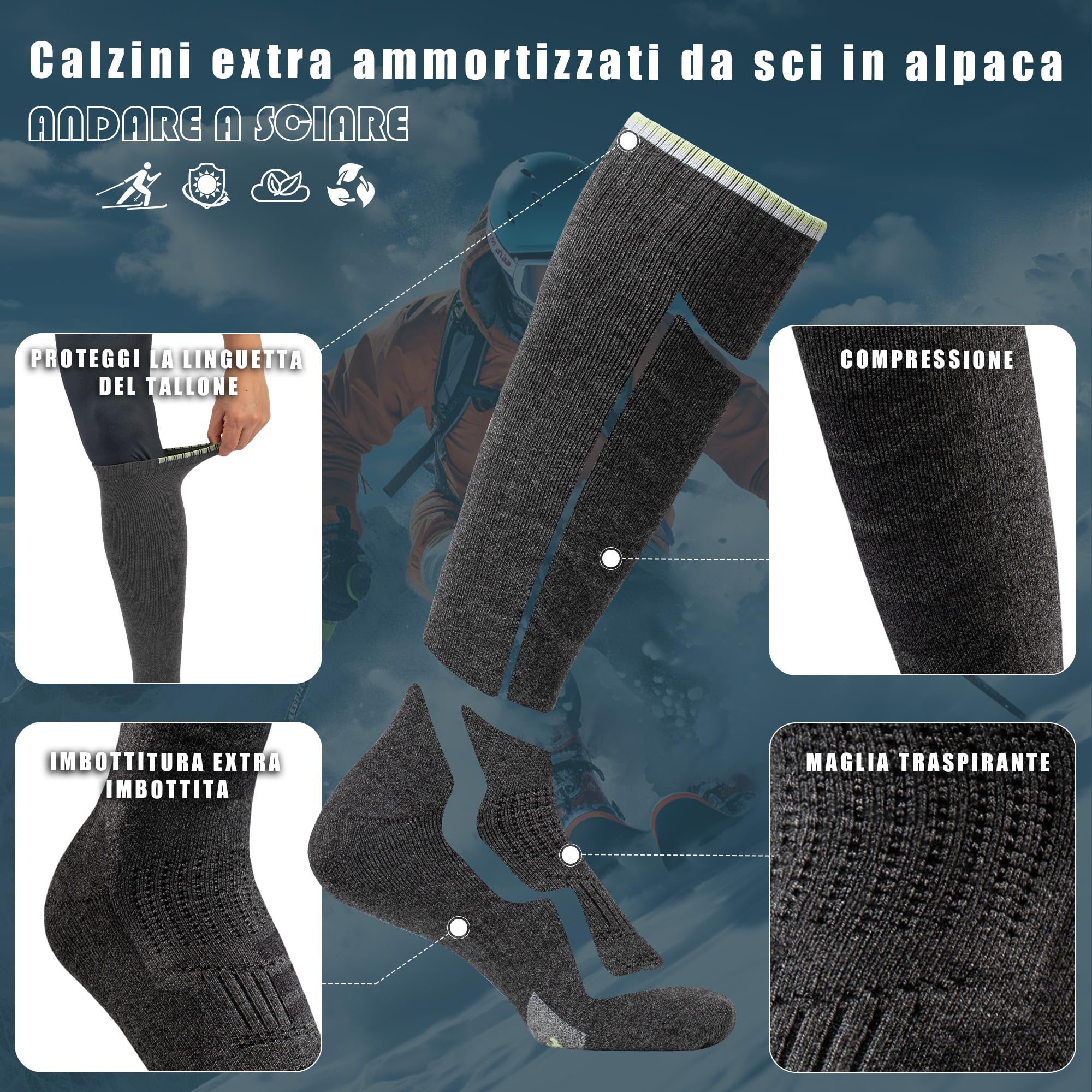 2 Paia Calze Sci in Lana Alpaca Per Uomo e Donna, Calzini Invernali Caldi a Compressione fino al Ginocchio per Sci, Snowboard e Sport Invernali, Escursionismo e Passeggiate, Taglia 35-51