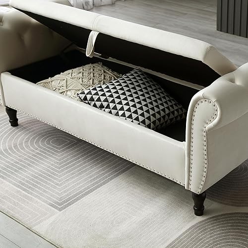 Miniatura 8 de Banco de almacenamiento rectangular de terciopelo de 63 pulgadas, taburete otomano, con botones copetudos, bancos de ventana con ribete de cabeza de