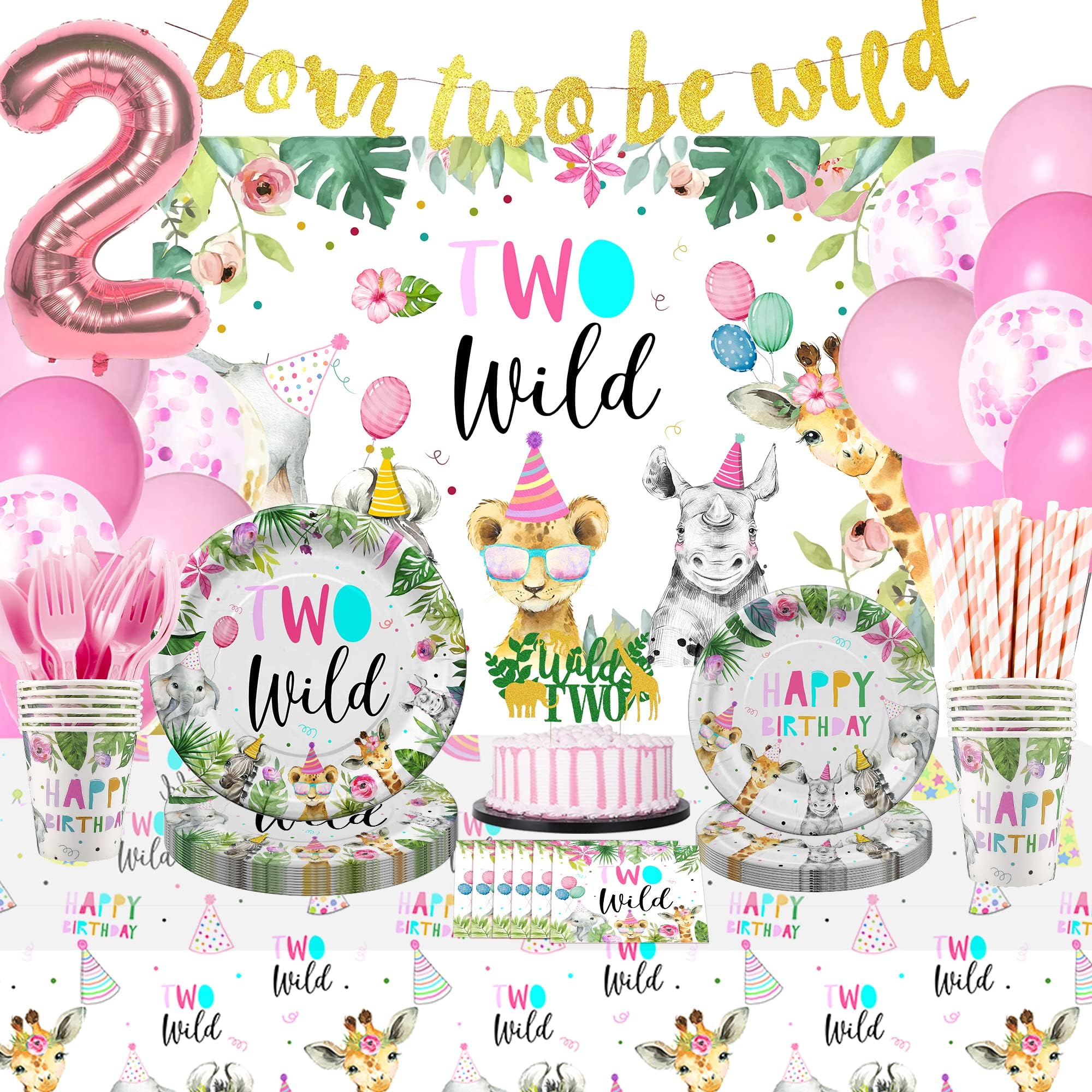 Two Wild Birthday Decorations Dinnerware For Girl, Jungle Safari Theme 2nd Birthday Party Supplies Include Plate, Cup, Napkin, Backdrop, Banner, Tablecloth, Balloon, Cutlery, Topper | Serve 24